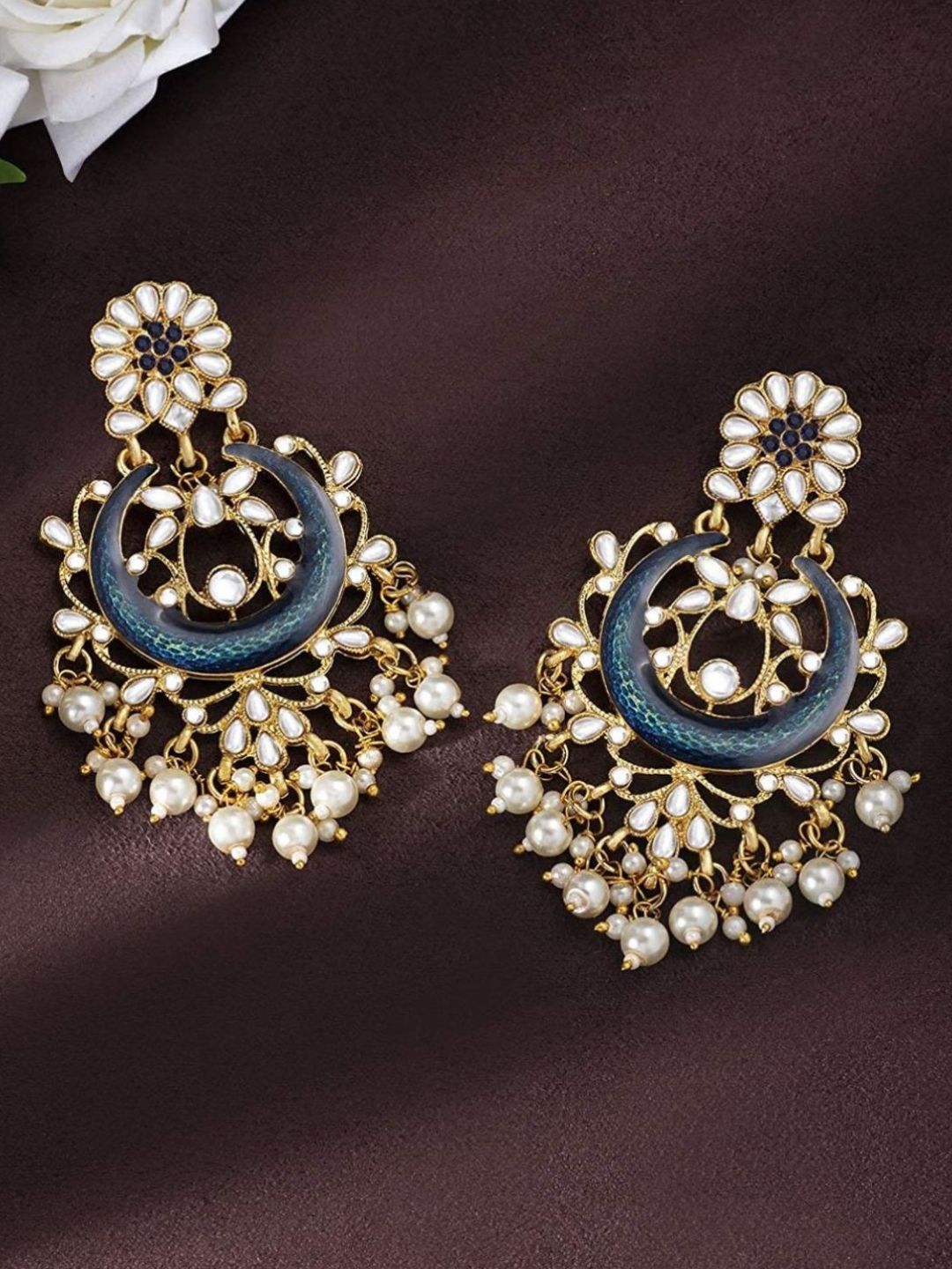 I Jewels Gold-Plated Blue Crescent Shaped Kundan Studded Enamelled Chandbalis Earrings-image-5