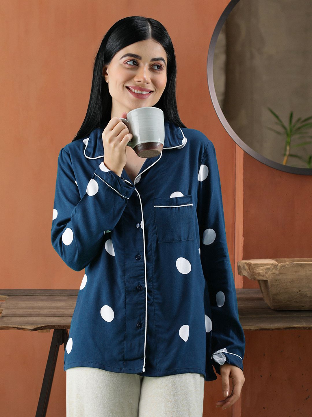 Tokyo Talkies Women Navy Blue & White Printed Sleep Shirt-image-37