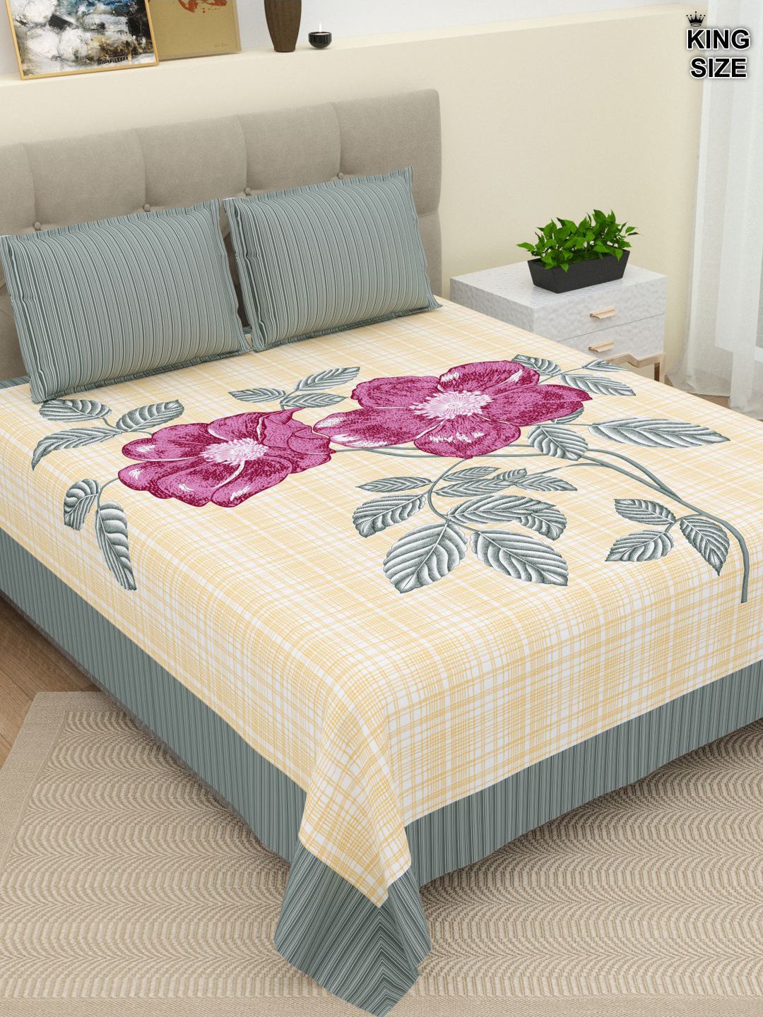 DREAM WEAVERZ Yellow & Grey Pure Cotton 220 TC Super King Bedsheet with 2 Pillow Covers