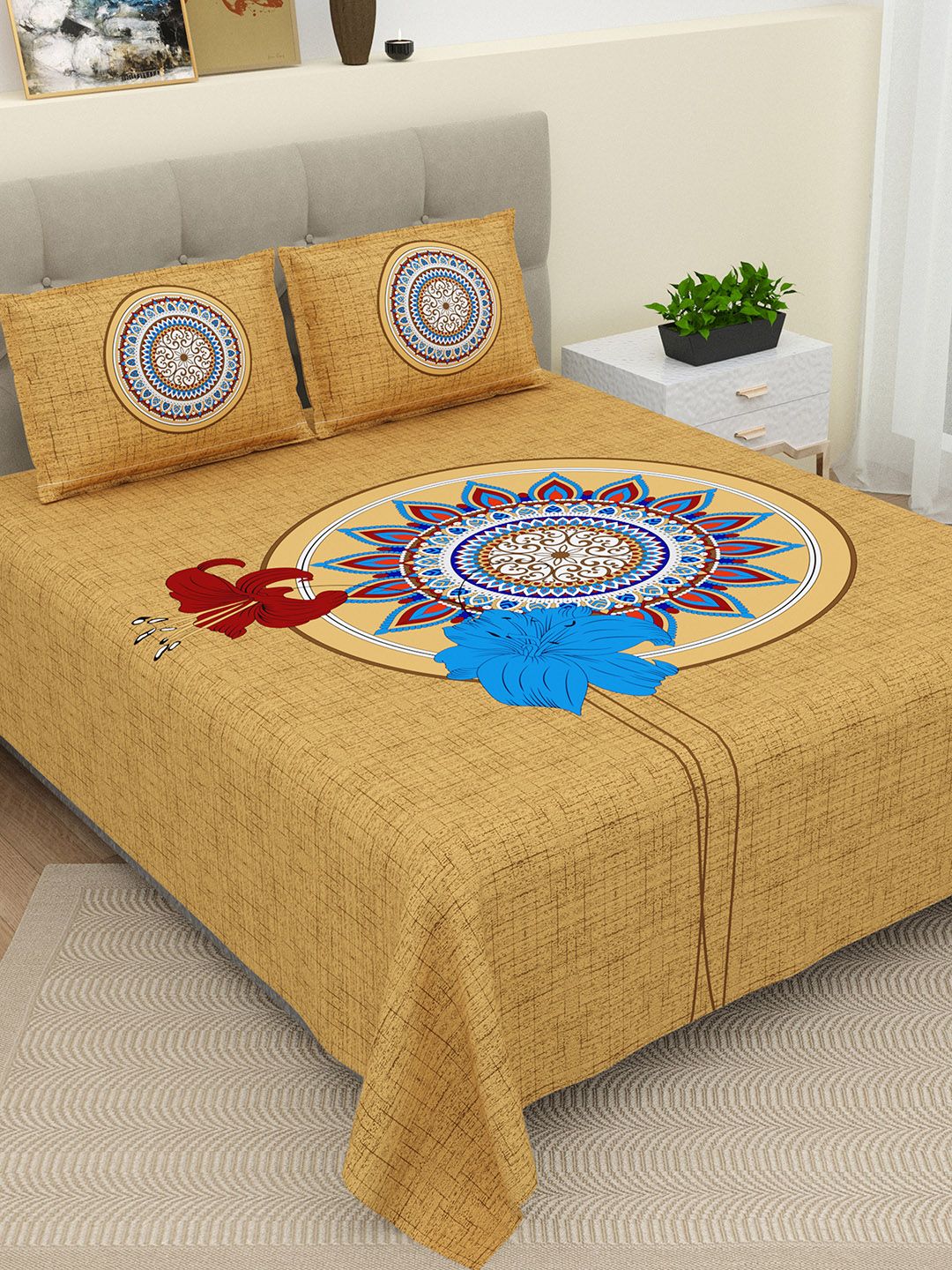 DREAM WEAVERZ Mustard Yellow & Blue 220 TC King Bedsheet with 2 Pillow Covers