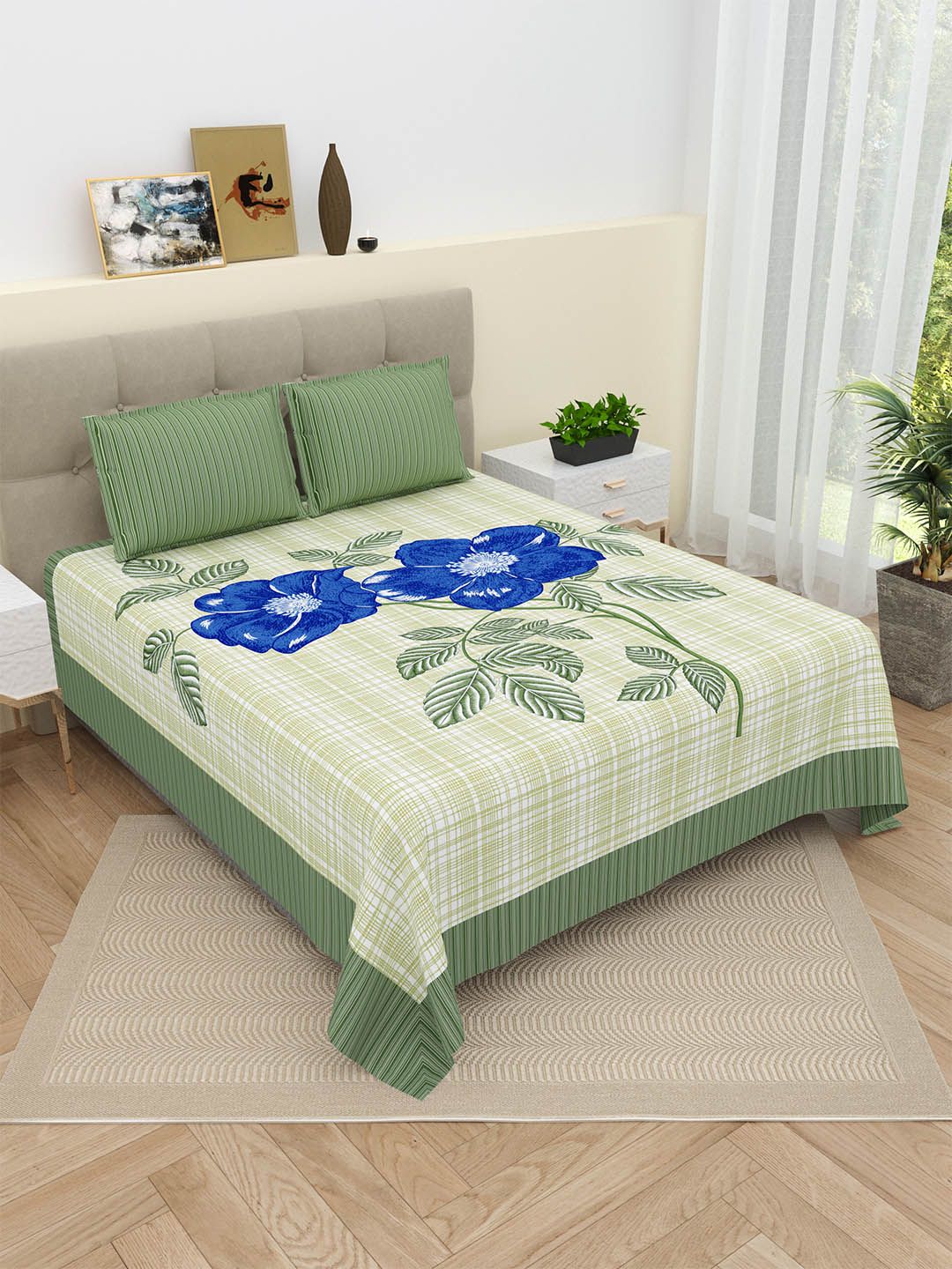 DREAM WEAVERZ Pure Cotton 220 TC King Bedsheet with 2 Pillow Covers-108 x 101 inches