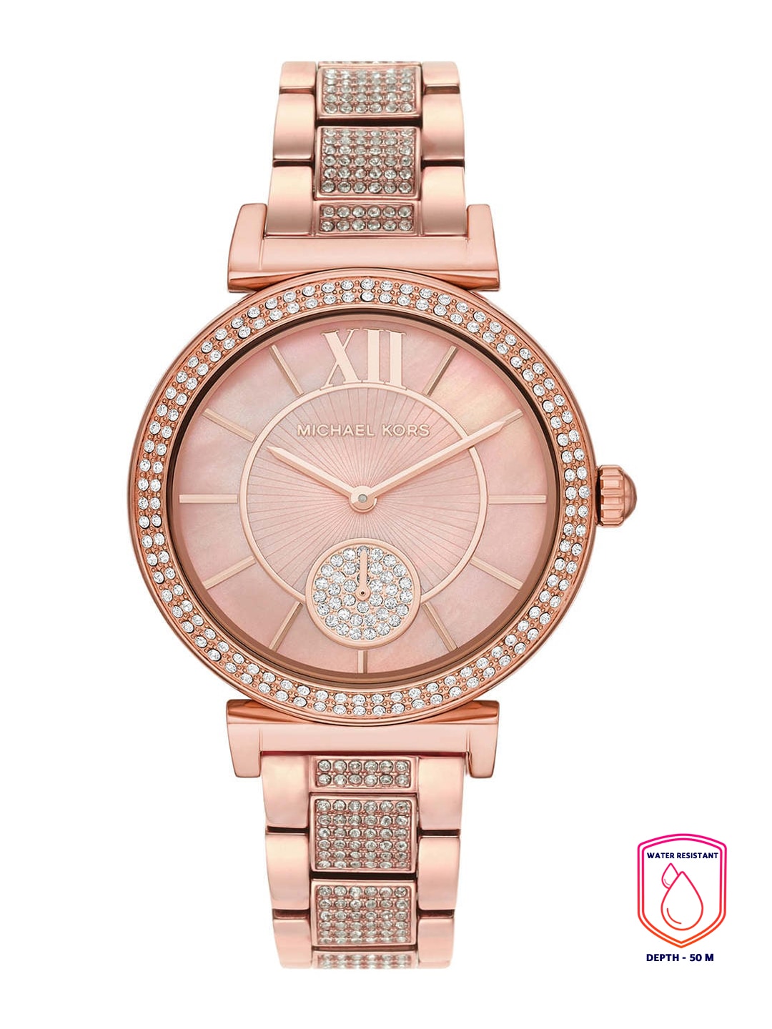 Michael Kors Women Pink Embellished & Rose Gold-Plated Bracelet Style Straps Watch MK4617