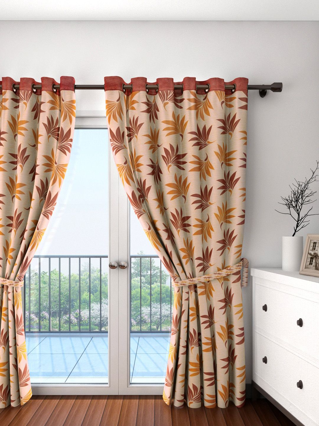 Cortina Beige & Orange Single Leaf Print Door Curtain-image-36