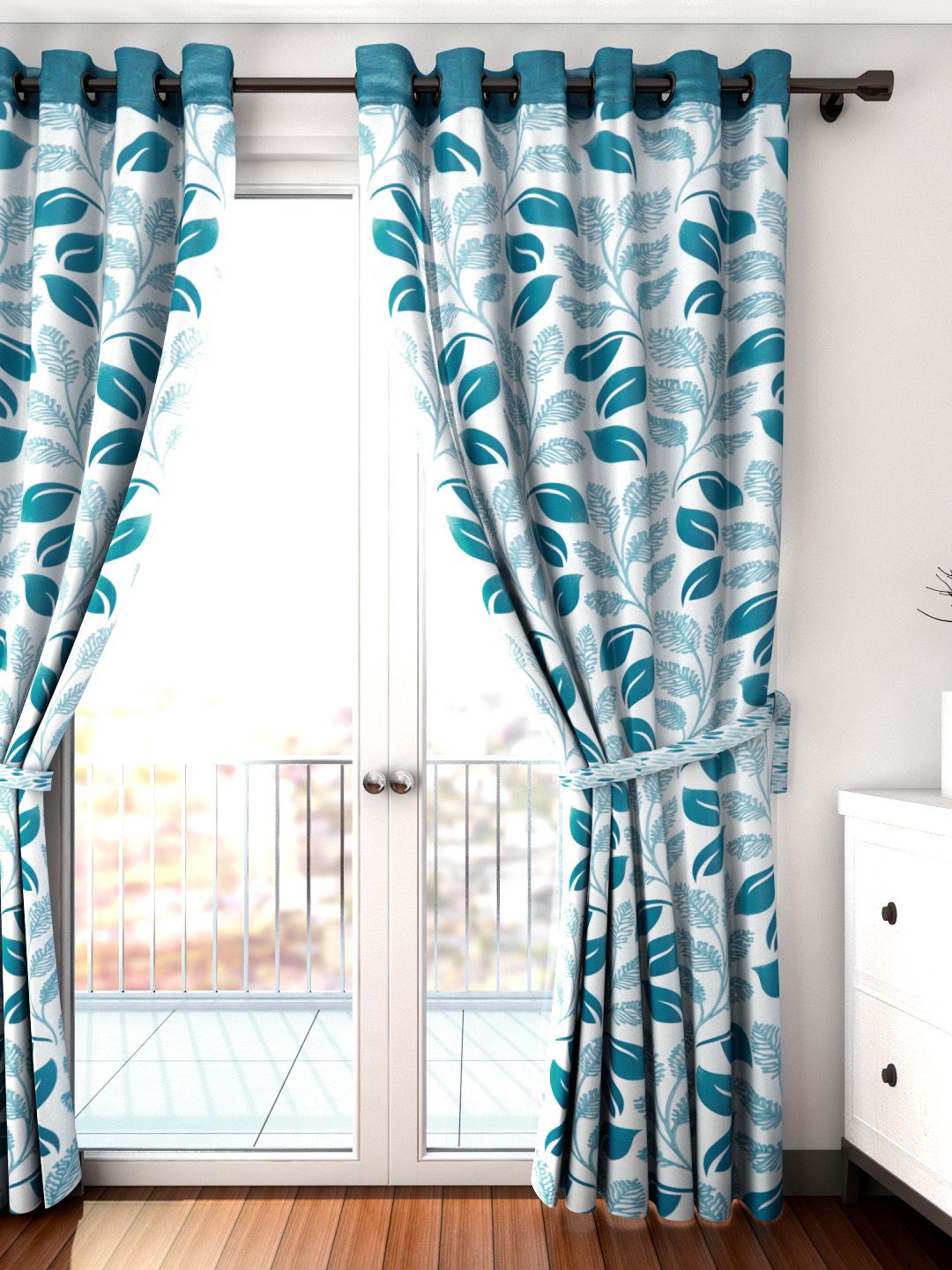 Cortina Blue Single Leaf Print Long Door Curtain-image-24