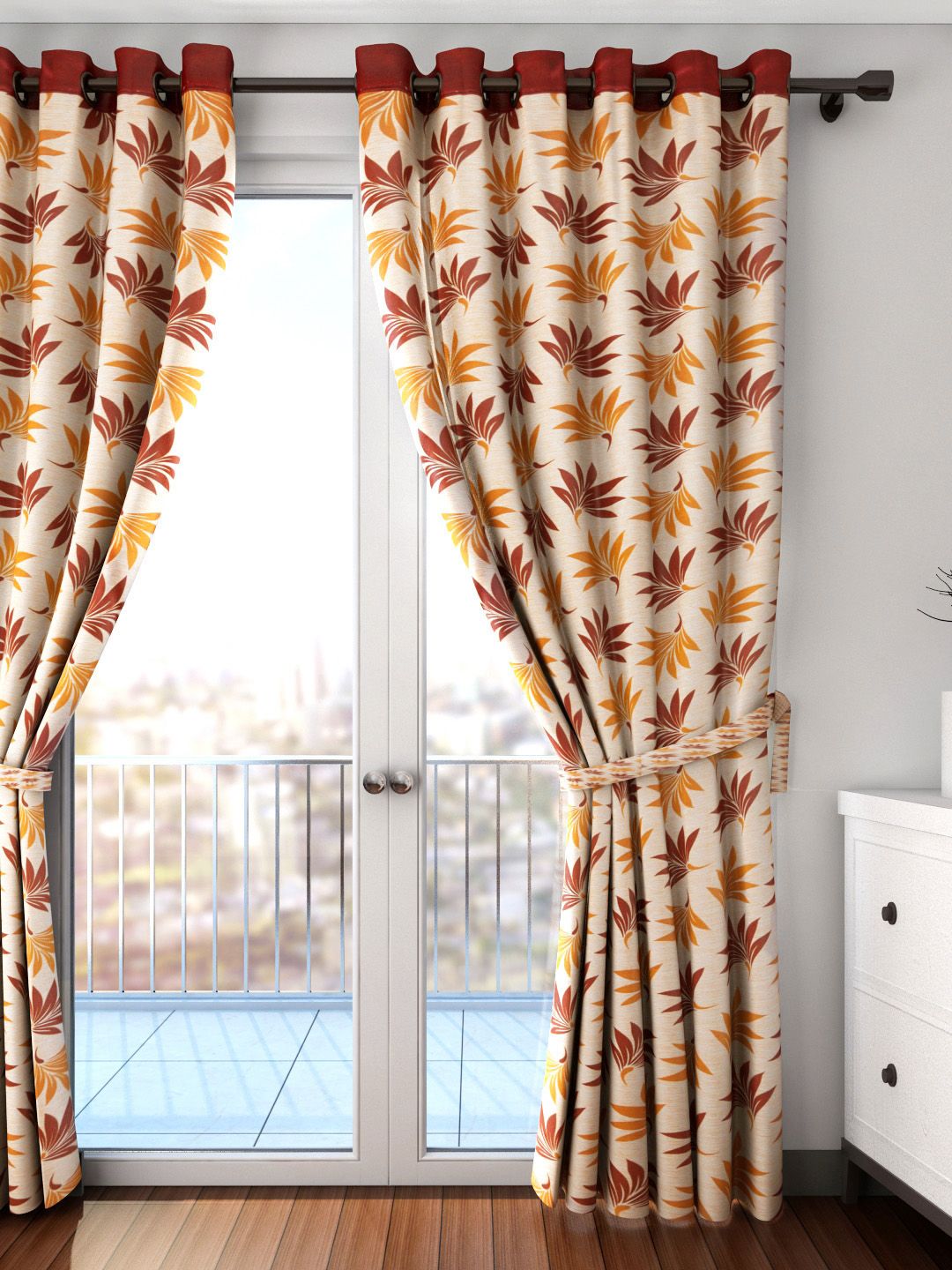 Cortina Orange Floral Print Single Long Door Curtain-image-45