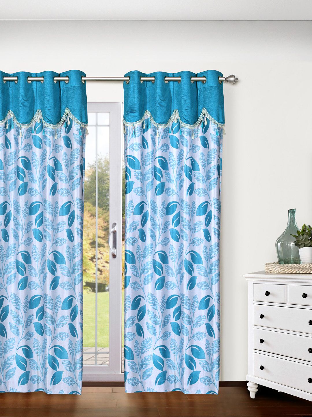 Cortina Blue Single Leaf Print Door Curtain-picture-25