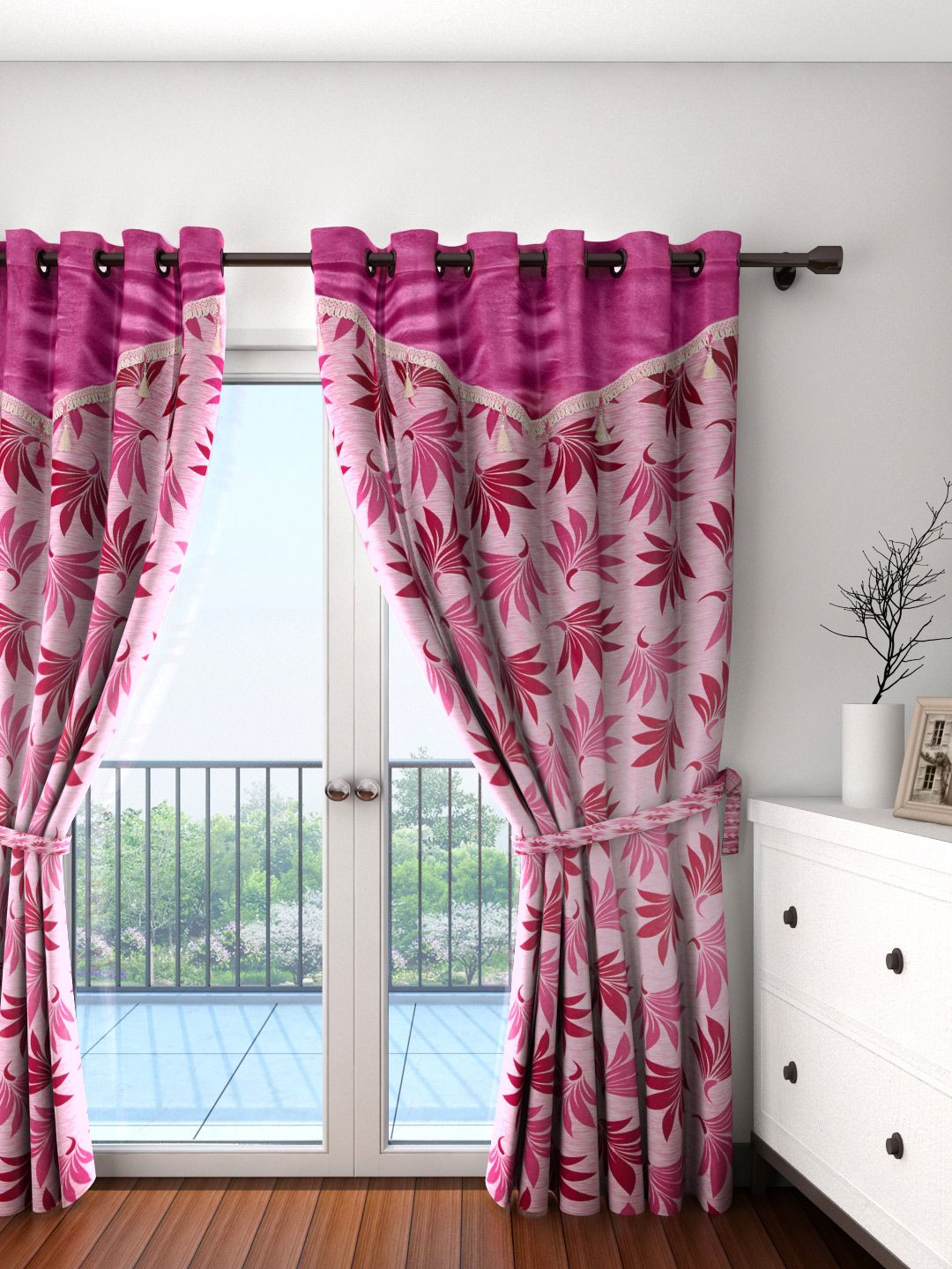 Cortina Pink Single Leaf Print Door Curtain-picture-33