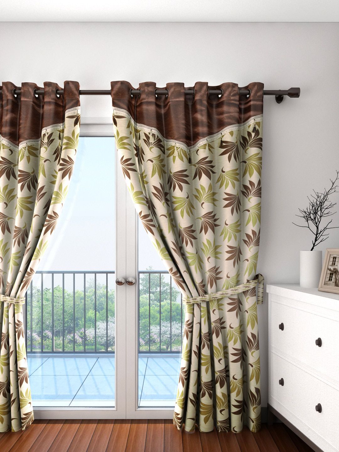 Cortina Beige & Brown Leaf Print Single Door Curtain-picture-46