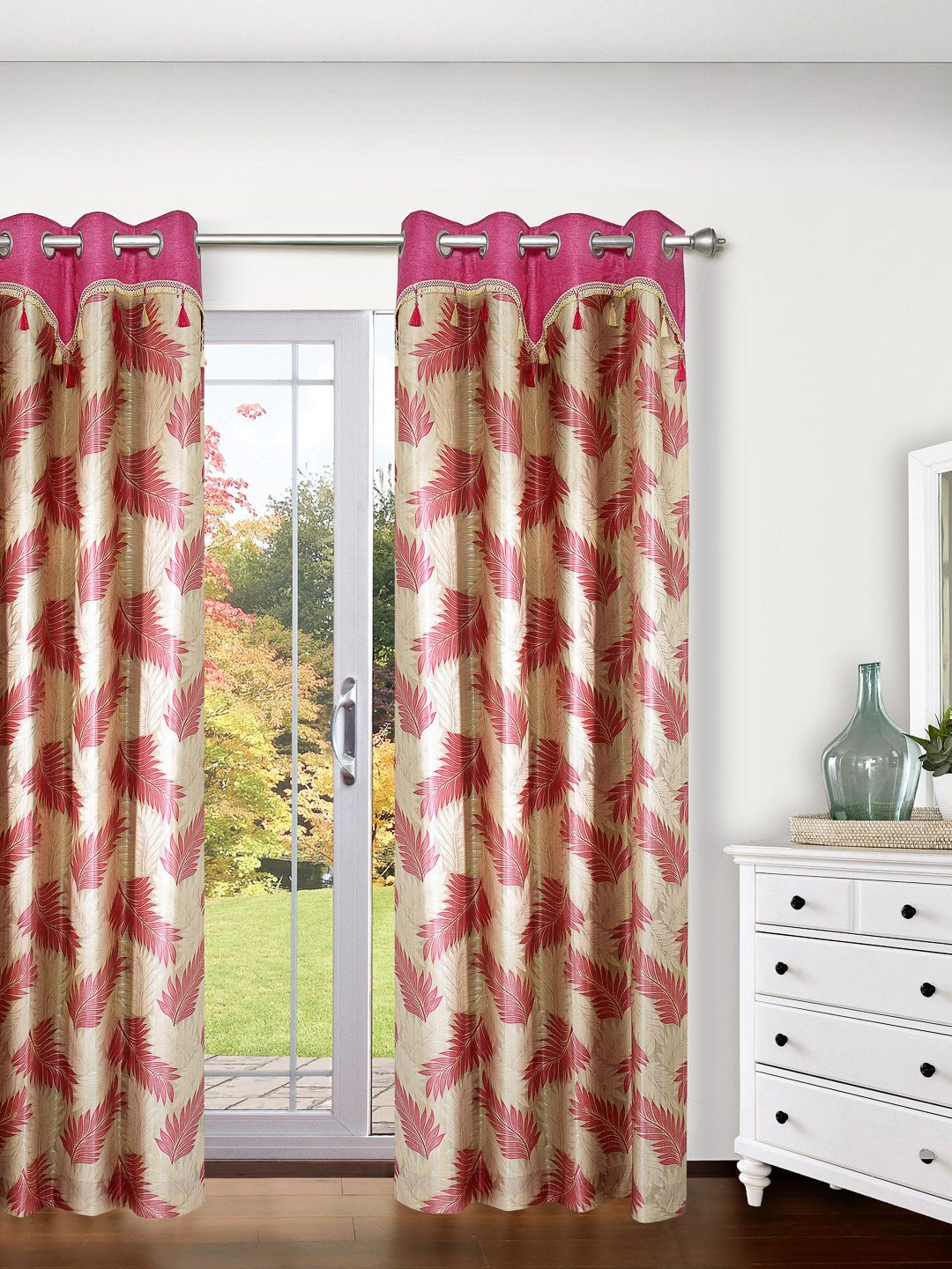 Cortina Beige & Pink Single Leaf Print Door Curtain-image-26