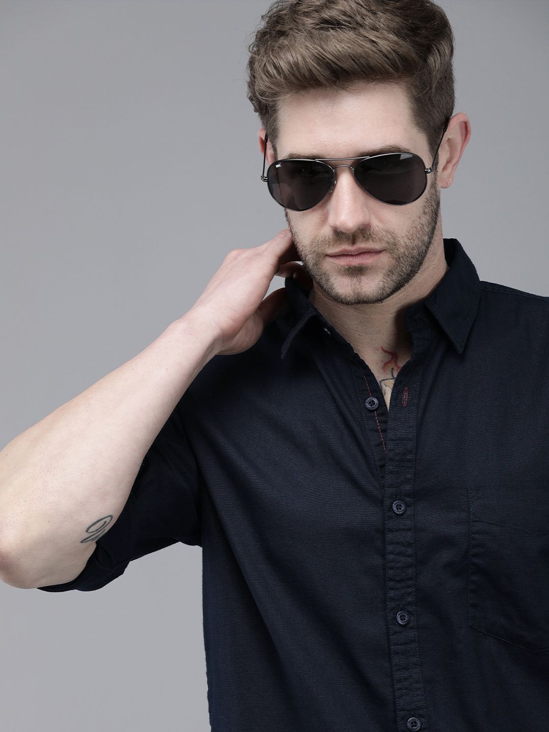 Roadster Men Navy Blue Roll-Up Sleeves Sustainable Casual Shirt-picture-36