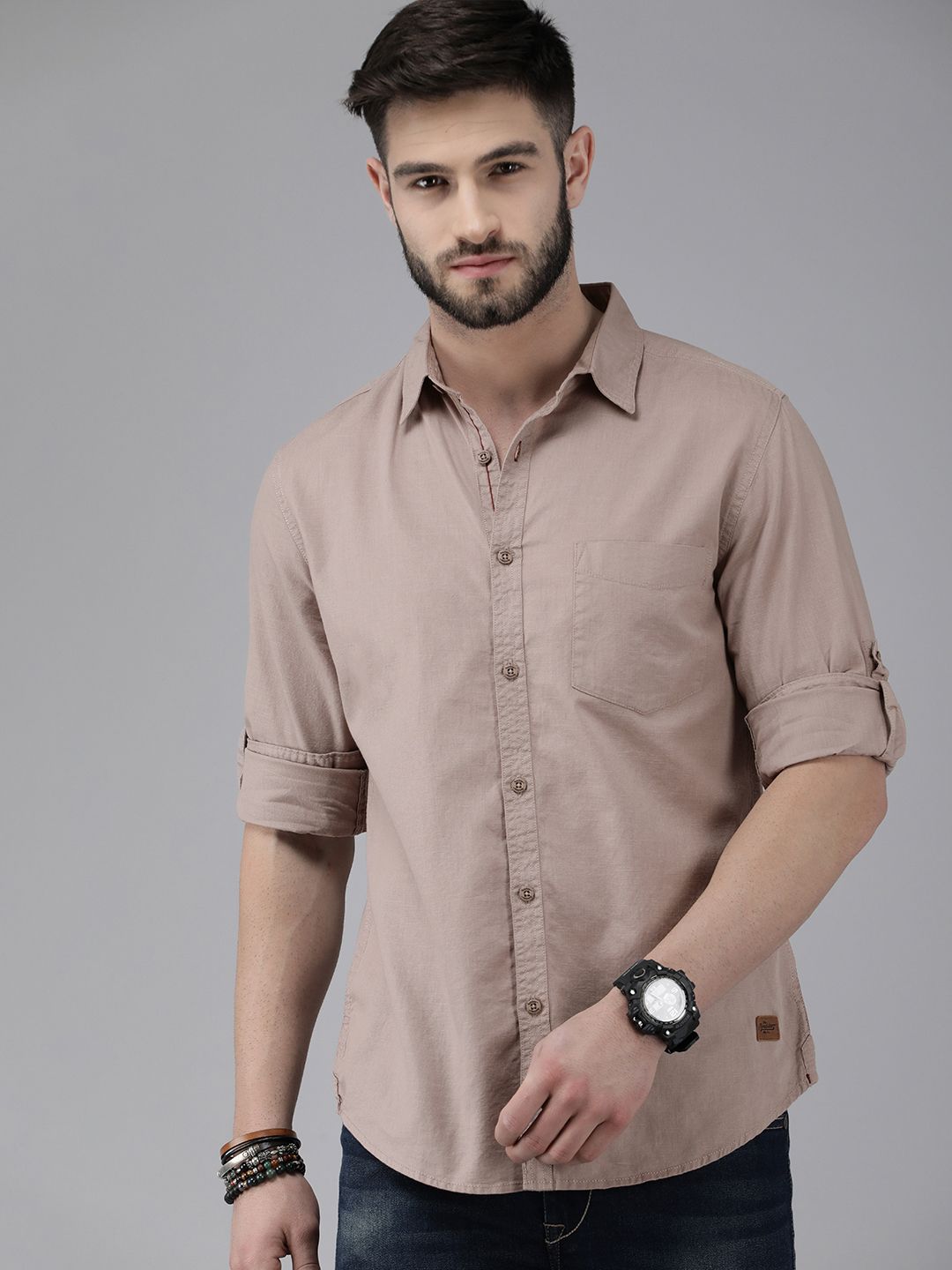 Roadster Men Beige Solid Casual Cotton Shirt-picture-20