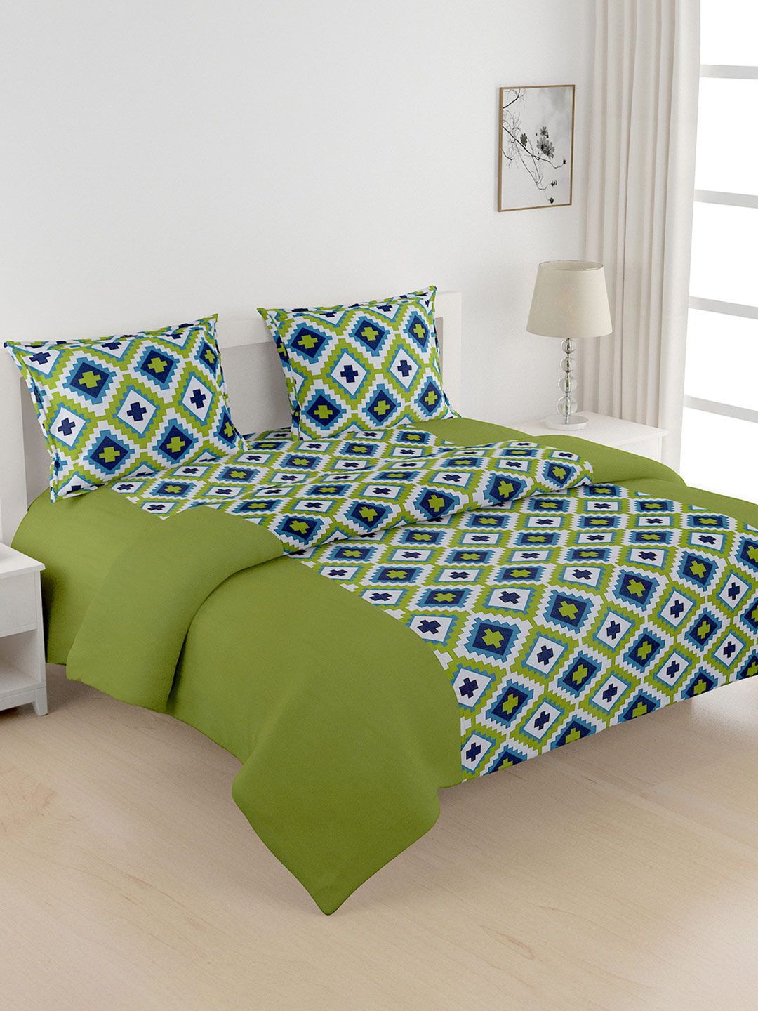 SWAYAM Green Printed Co-ordinated Bedding Set with Reversible Quilt (Comforter)-image-40
