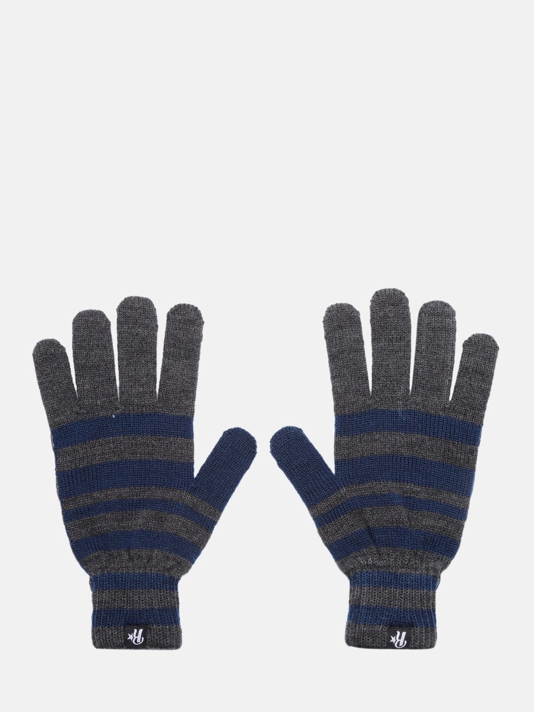 Roadster Men Grey & Blue Striped Winter Hand Gloves-image-19