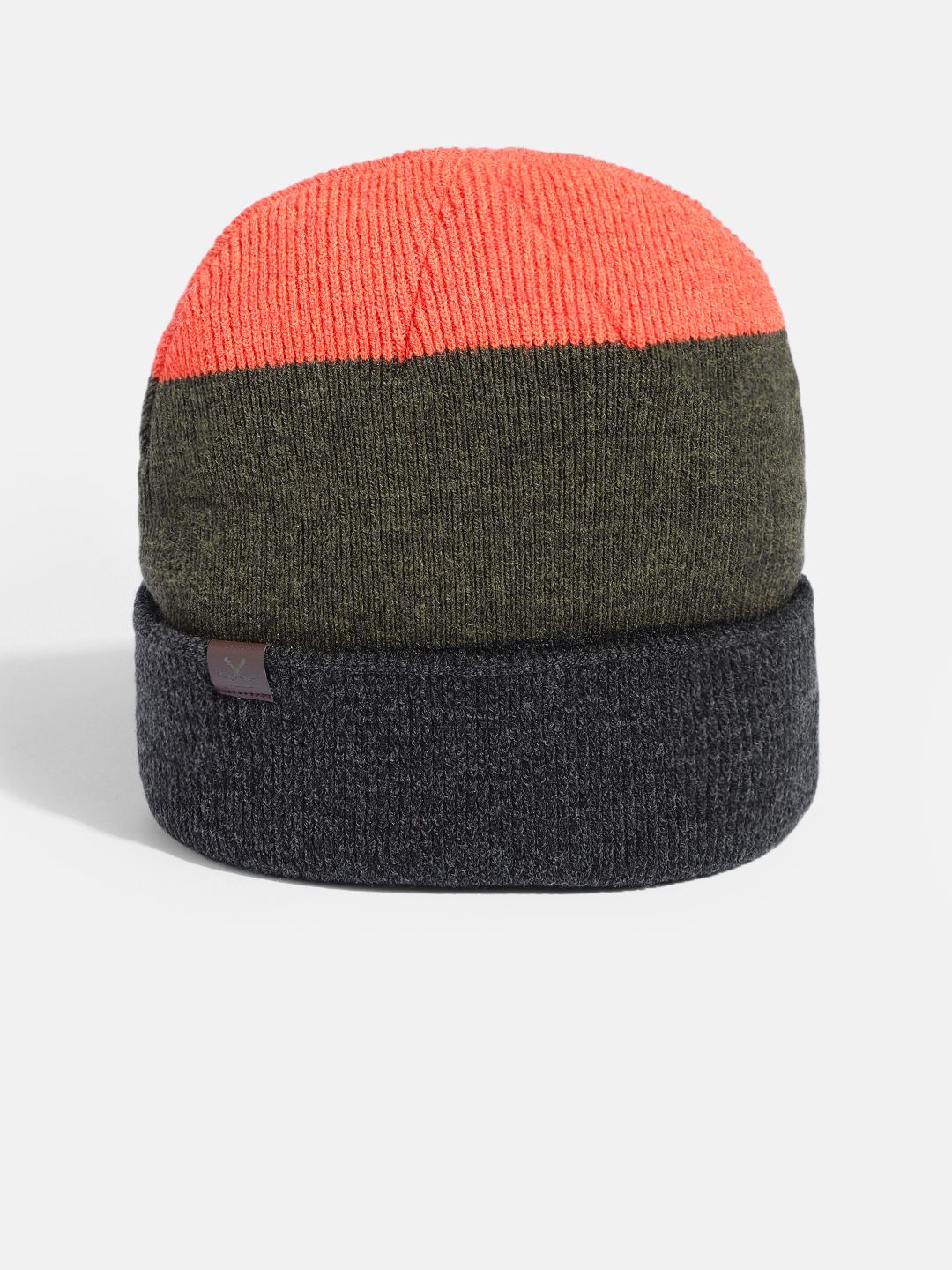 WROGN Unisex Olive Green & Orange Colourblocked Woollen Beanie-picture-31