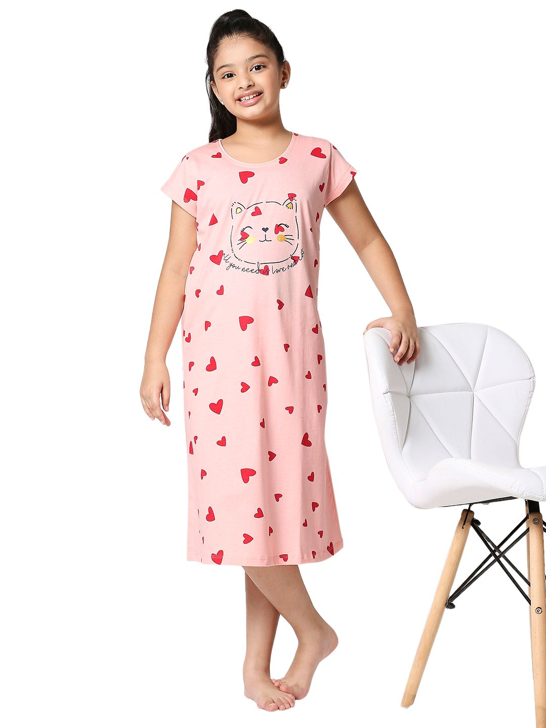 Zeyo Girls Pink & Red Heart Printed Pure Cotton Sleep Shirt-image-31