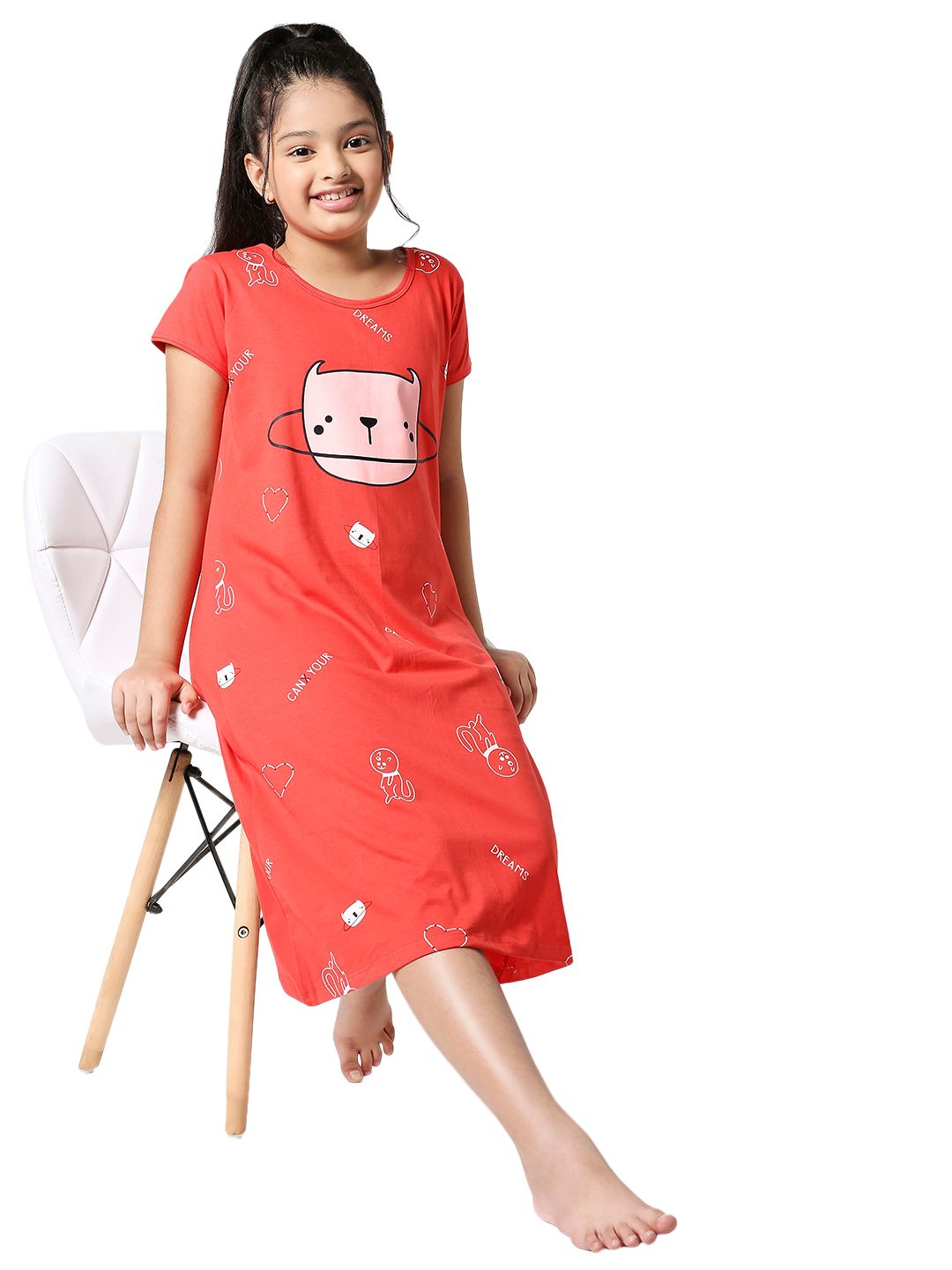 Zeyo Girls Red Printed Cotton Nightdress-image-7