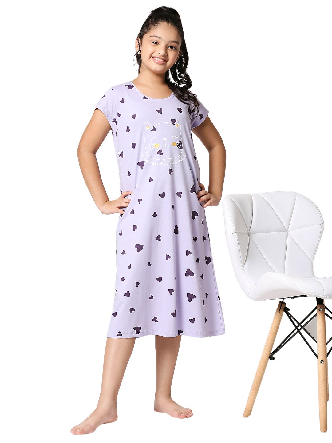 Zeyo Girls Violet Heart Printed Nightdress-image-27