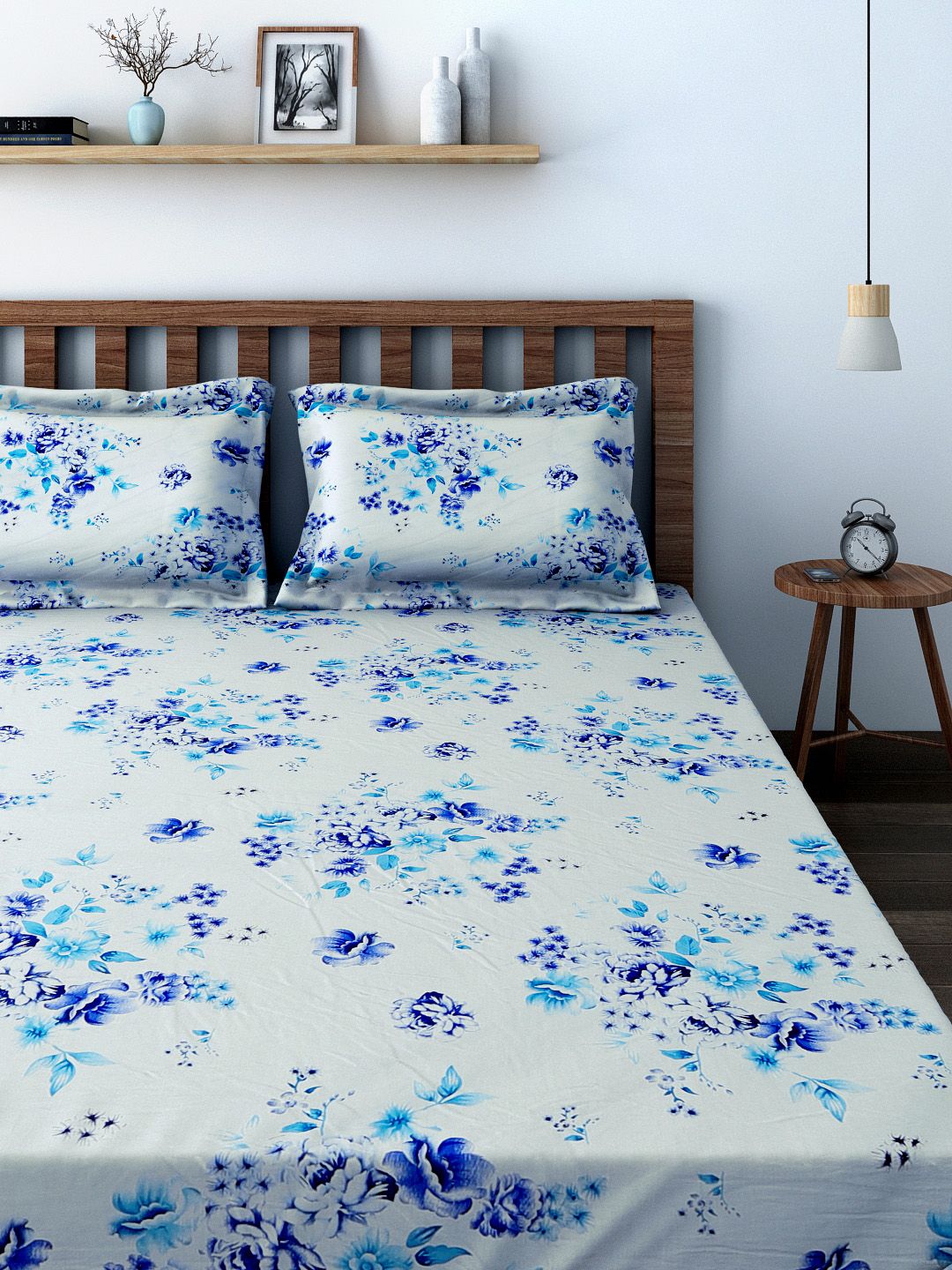 SWAYAM Blue & White 300 TC Cotton Double Fitted Bedsheet with 2 Pillow Covers-picture-23