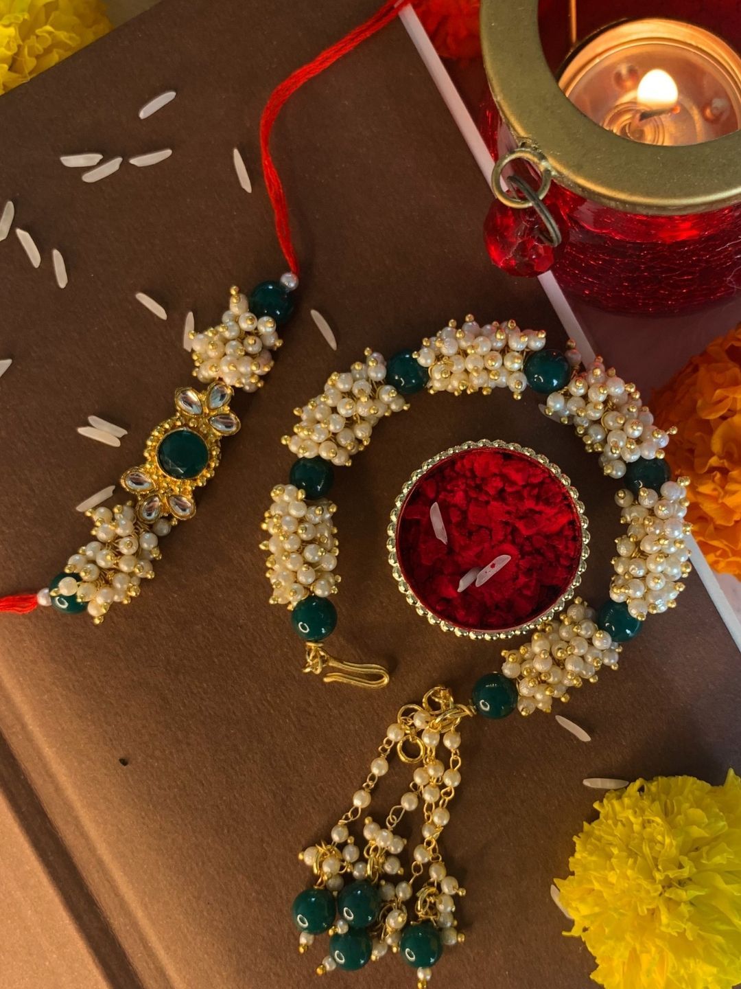 I Jewels Set Of 2 Green & White Stone Studded & Beaded Bhaiya Bhabhi Rakhis-picture-49