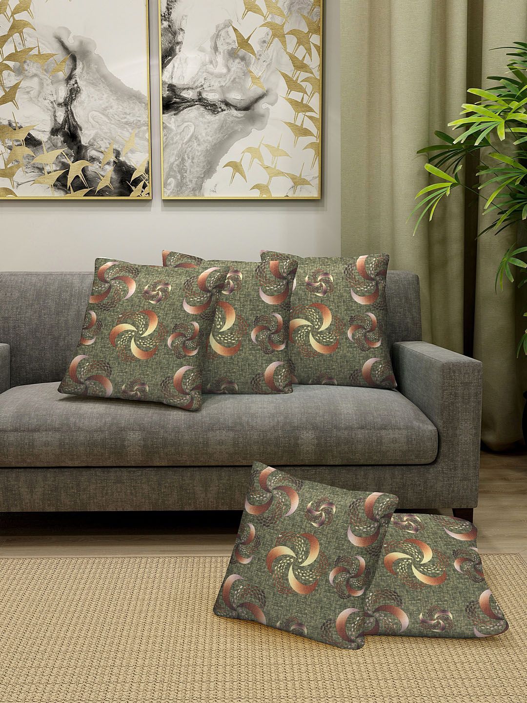 KLOTTHE Green & Brown Set of 5 Geometric Square Cushion Covers-picture-40