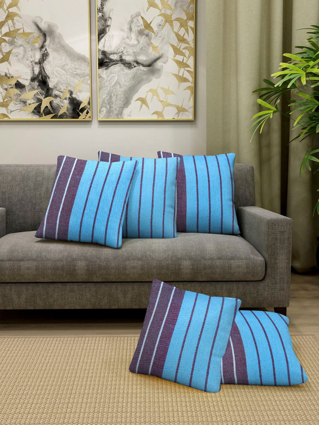 KLOTTHE Turquoise Blue & Purple Set of 5 Striped Square Cushion Covers-picture-23