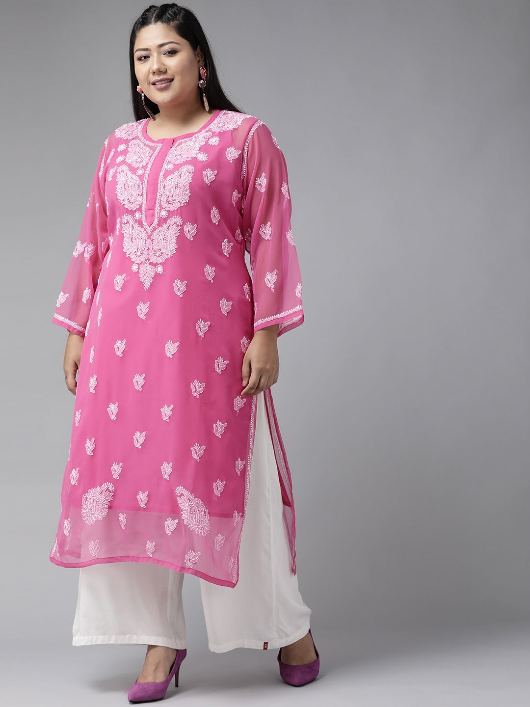 ADA Women Pink & White Ethnic Motifs Embroidered Chikankari Handloom Kurta With Slip-picture-18