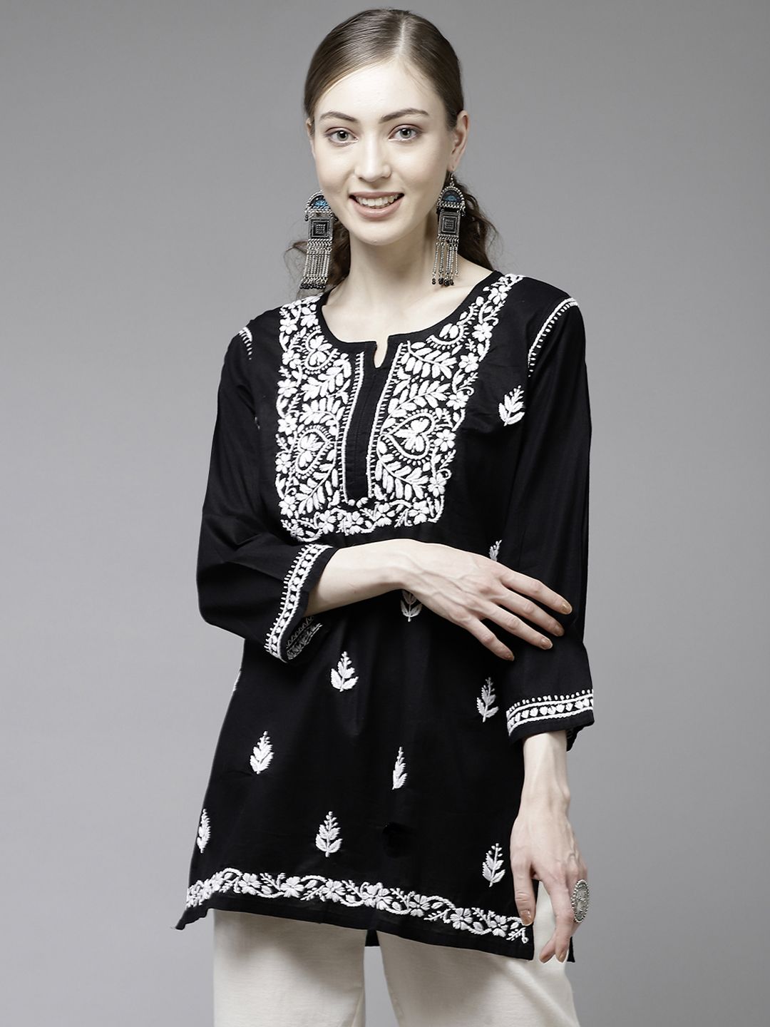 ADA Black & White Ethnic Motifs Embroidered Chikankari Kurti