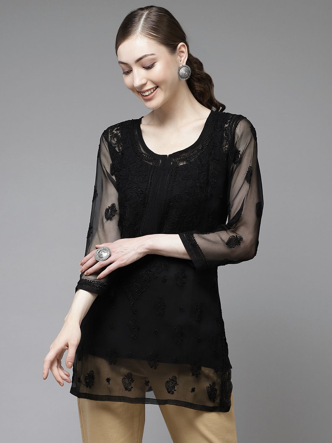ADA Black Ethnic Motifs Embroidered Chikankari Kurti With Inner-picture-29