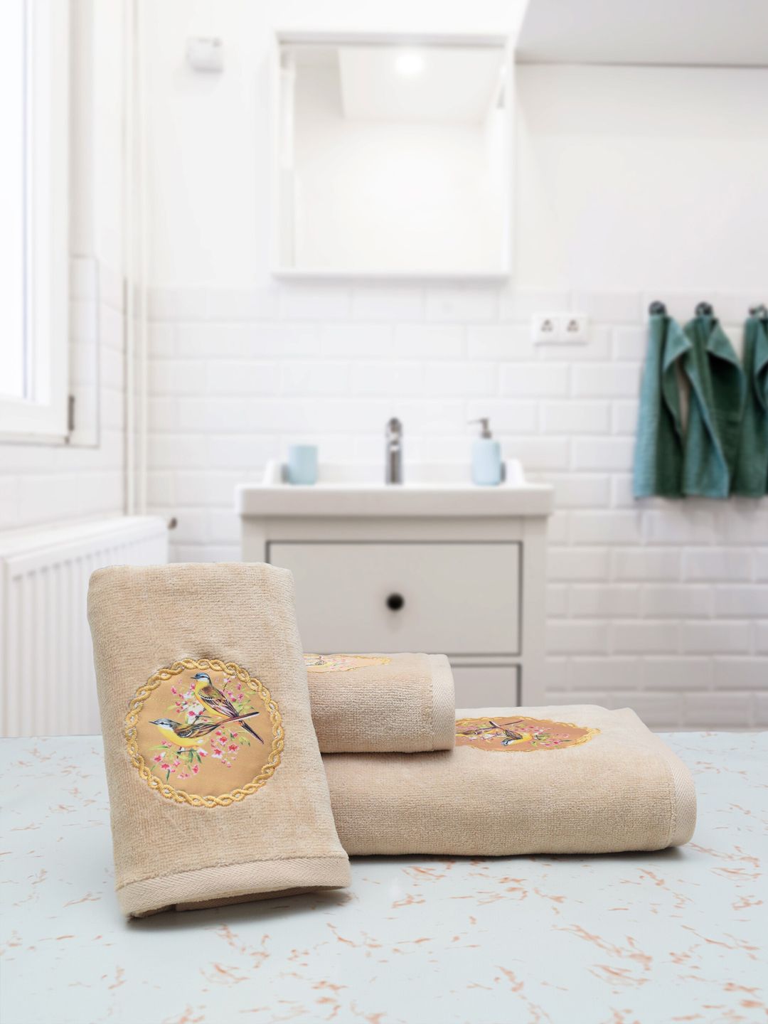 RANGOLI Set Of 3 Beige & Yellow Solid 450 GSM Pure Cotton Towel Set-picture-36
