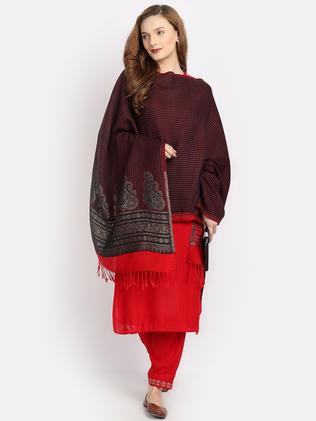 HK colours of fashion Women Black & Red Striped Woolen Shawl-picture-42