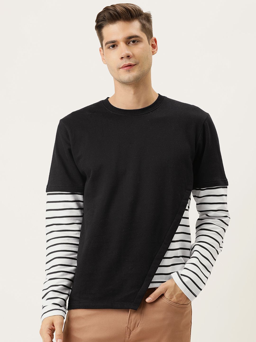 cahoot Campus Sutra Men Black & White Placement Striped Sweatshirt-picture-44