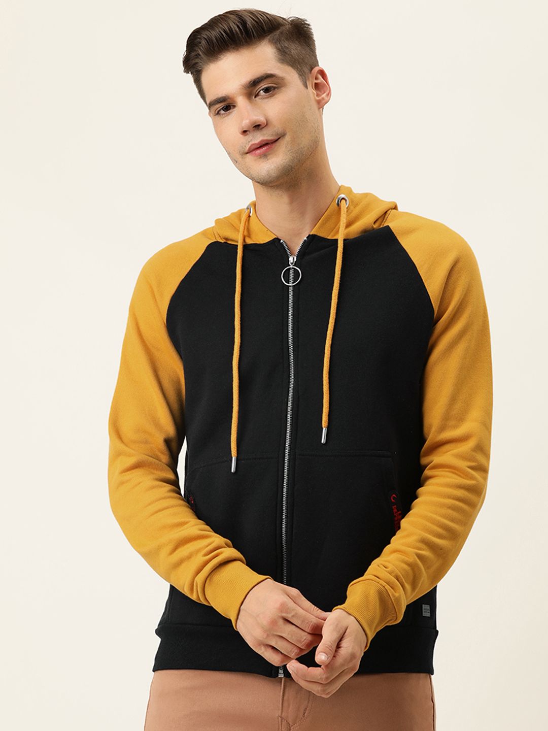 CAHOOT Men Black & Mustard Yellow Colourblocked Hooded Sweatshirt-picture-11