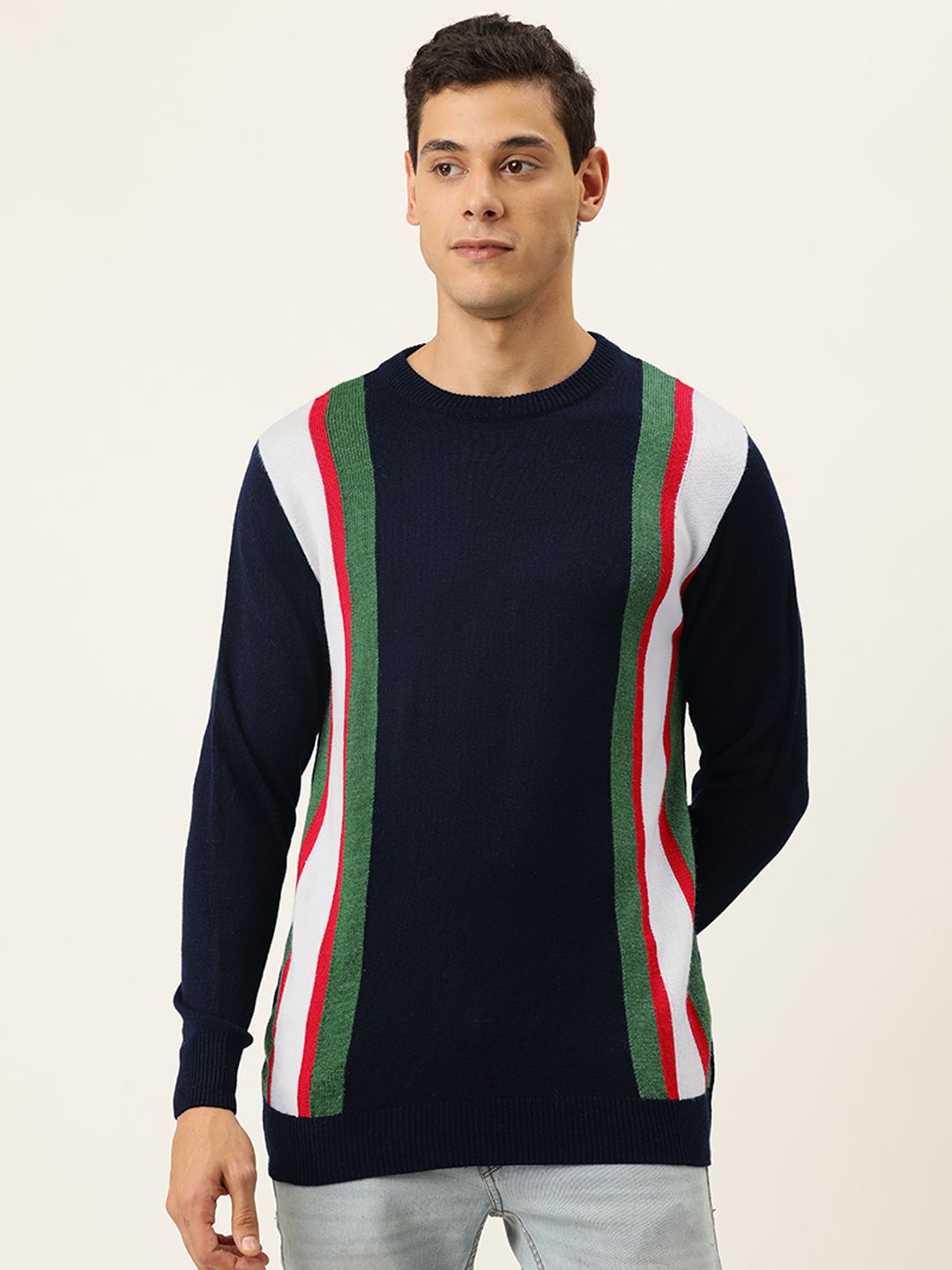 cahoot Campus Sutra Men Navy Blue & Green Striped Pullover Sweater-picture-38