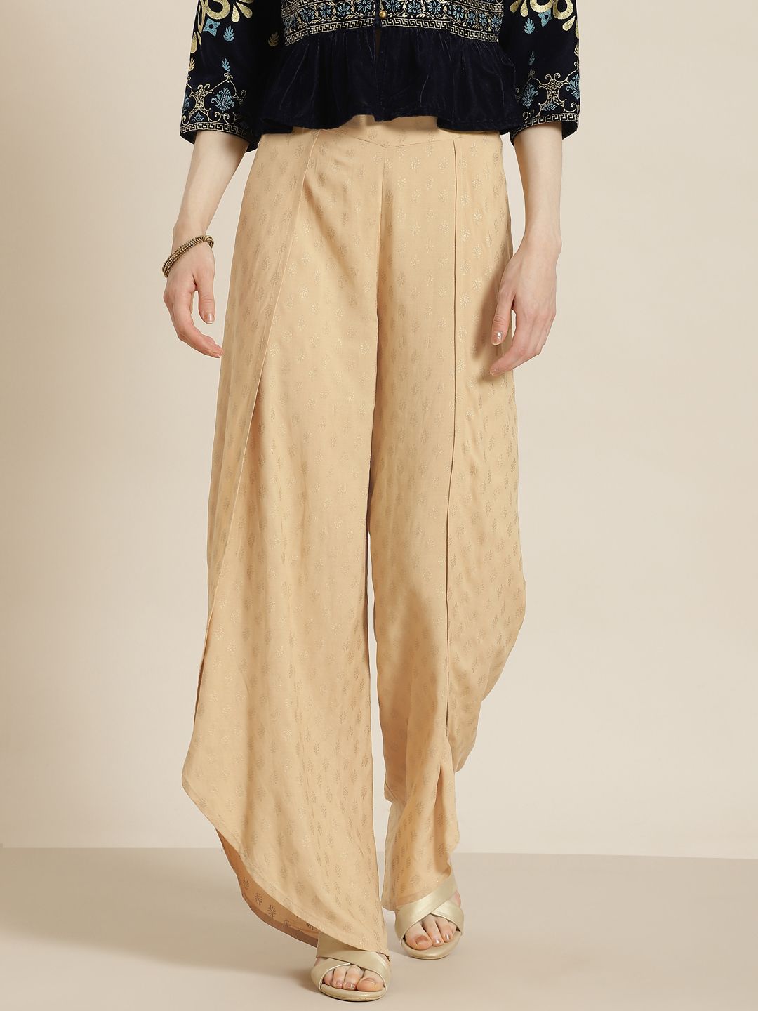 Juniper Women Beige & Golden Ethnic Print Dhoti Pants