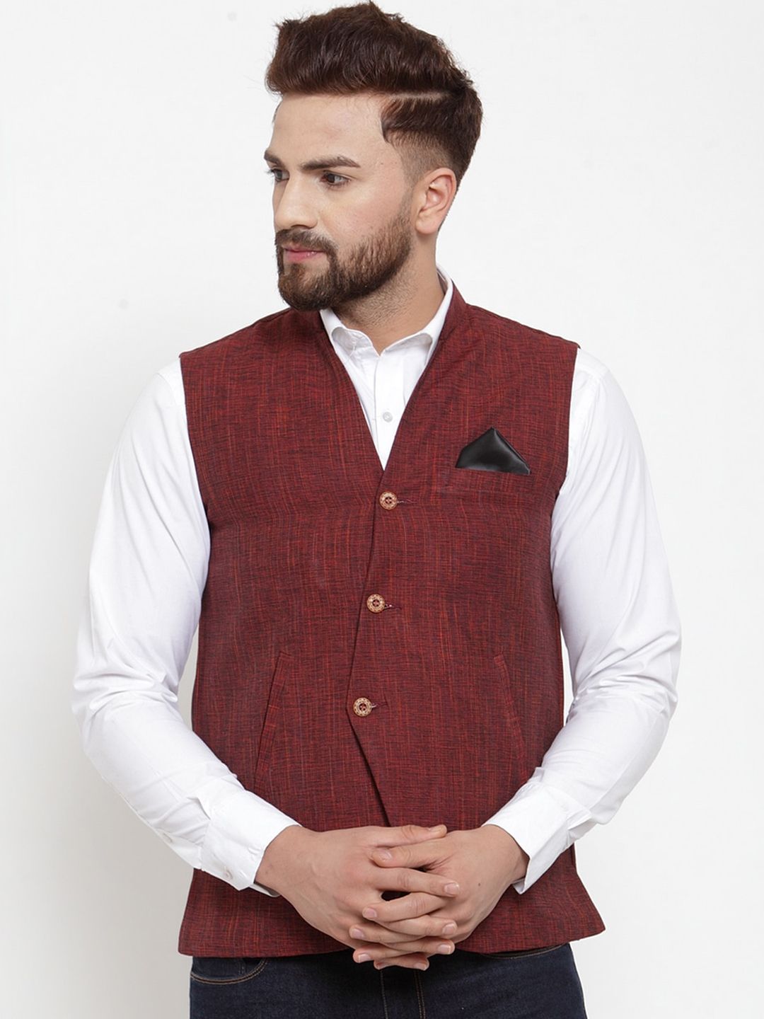 KLOTTHE Men Maroon Solid Pure Cotton Woven Design Nehru Jacket-image-14