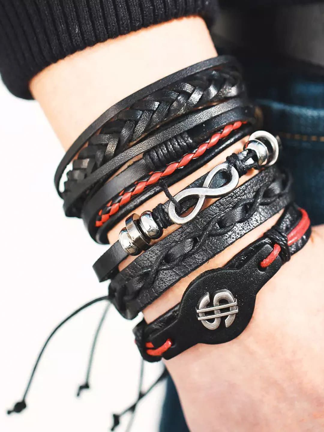 Shining Diva Fashion Men 5 Black  Red Leather Multistrand Bracelet-image-2
