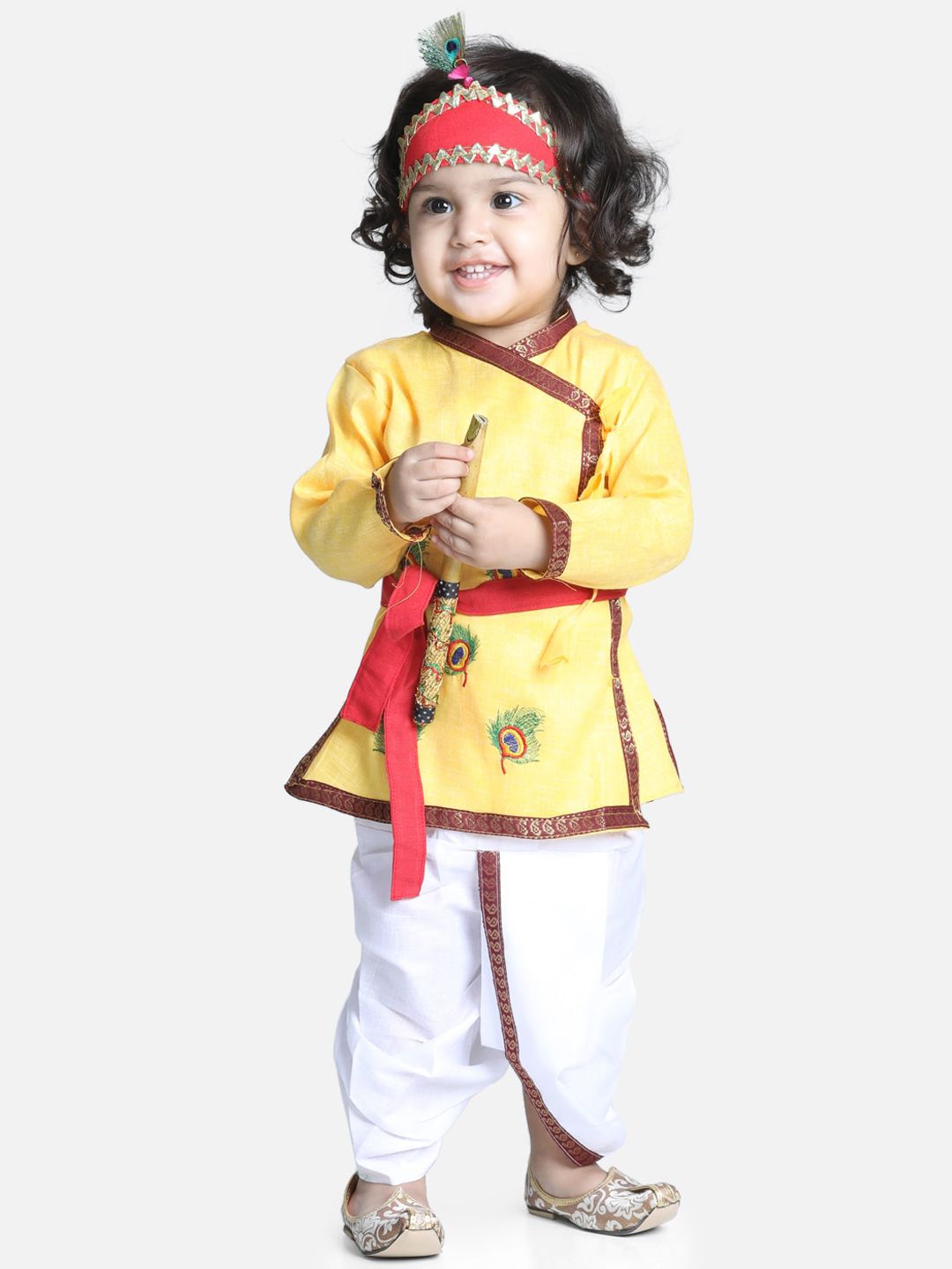 BownBee Boys Yellow Printed Pure Cotton Kanhaiya Dress Kurta & Dhoti With Mukut & Bansuri-picture-34
