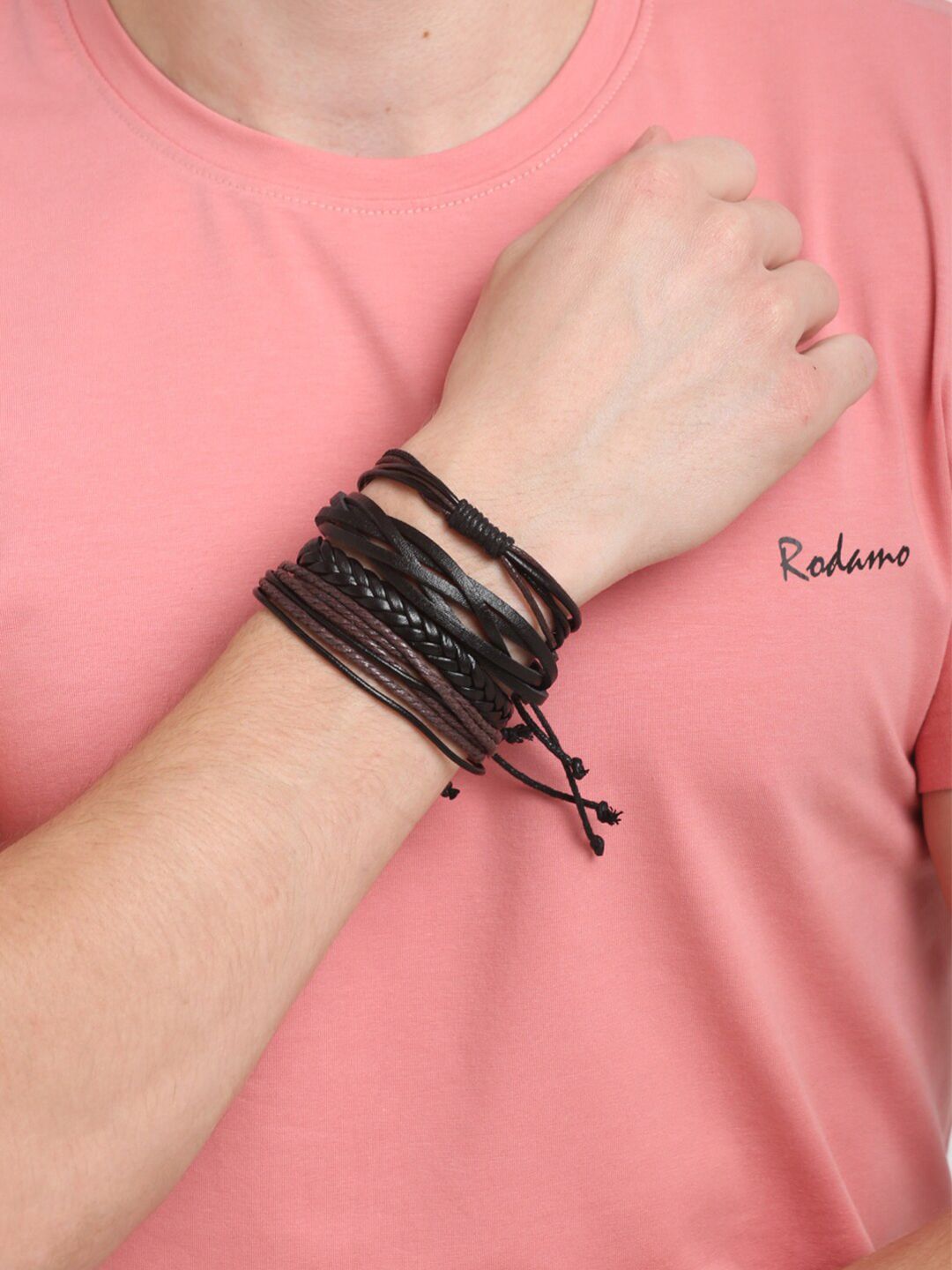 Shining Diva Fashion Men Set of 4 Black  Brown Leather Multistrand Bracelet-image-3