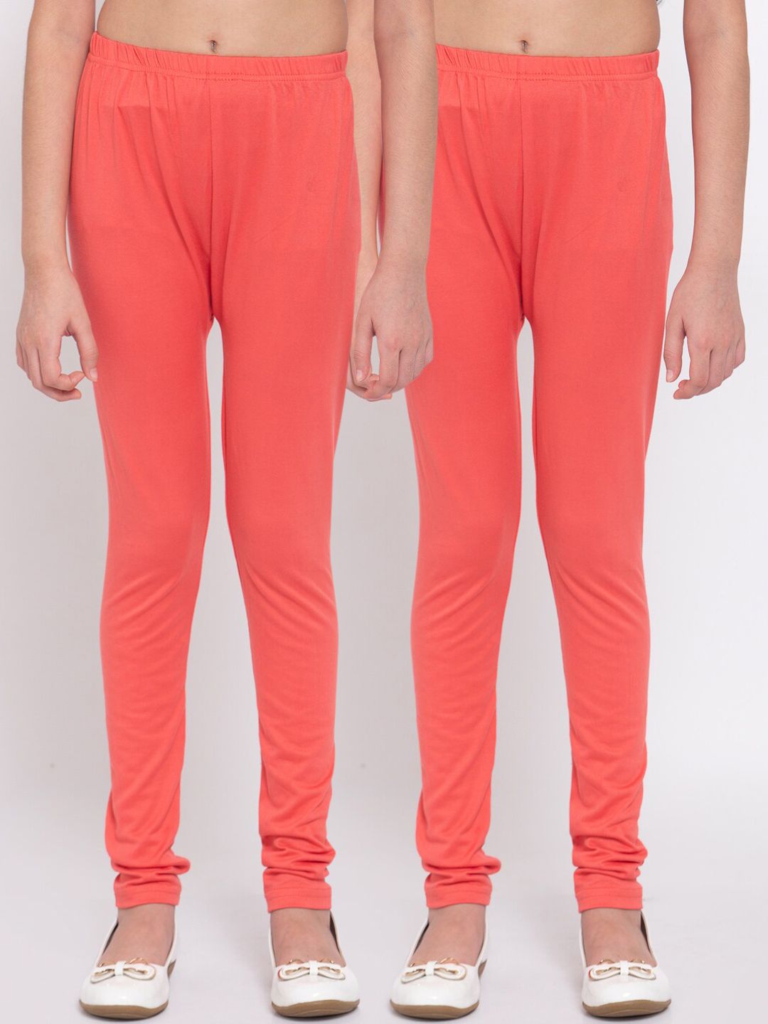 KLOTTHE Girls Pack Of 2 Peach-Coloured Solid Cotton Churidar-Length Leggings-picture-17