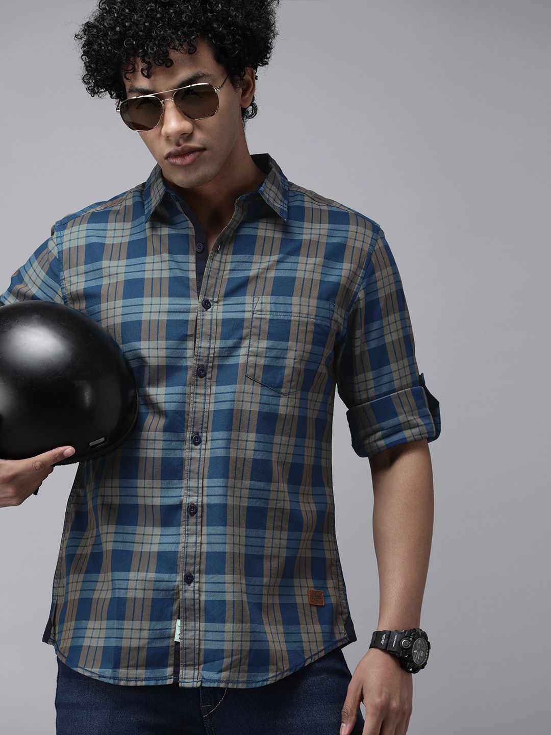 Roadster Men Blue And Grey Tartan Checked Slim Fit Pure Cotton Sustainable Casual Shirt-picture-22
