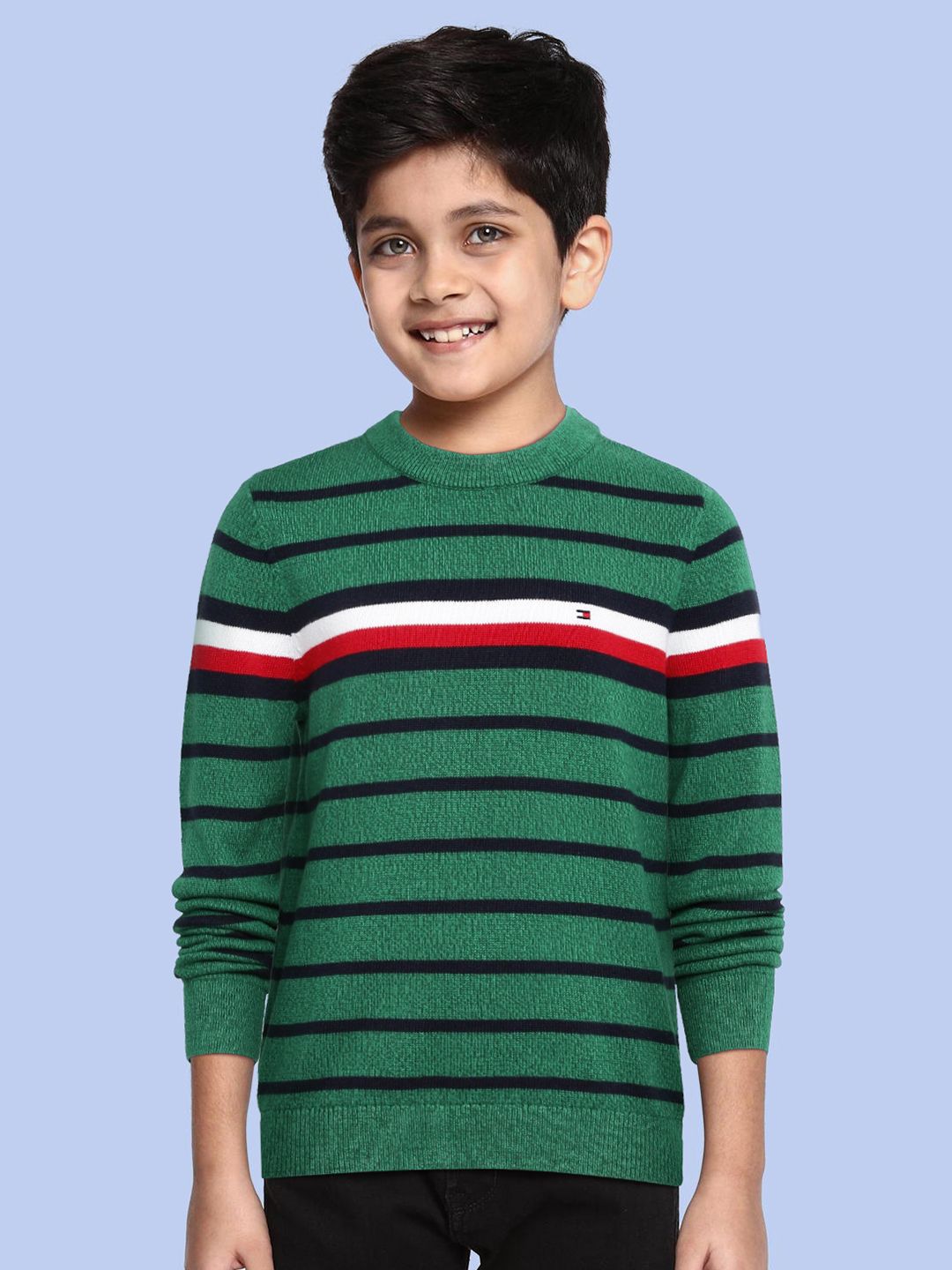 Buy Tommy Hilfiger Tommy Hilfiger Boys Green u0026 Navy Blue Pure Cotton Striped  Pullover at Redfynd