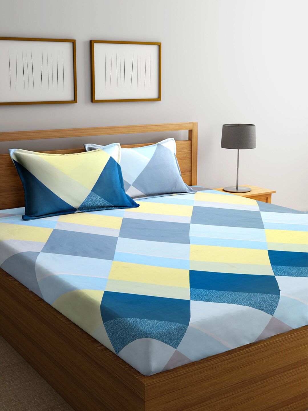 KLOTTHE Turquoise Blue & Yellow Geometric 300 TC King Bedsheet with 2 Pillow Covers-image-26