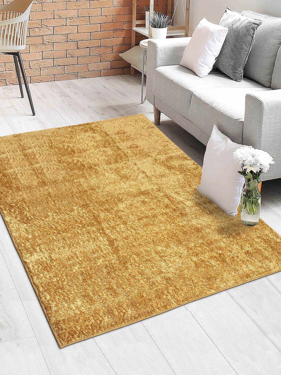 Saral Home Gold-Coloured Solid Cotton Shaggy Carpet-picture-33