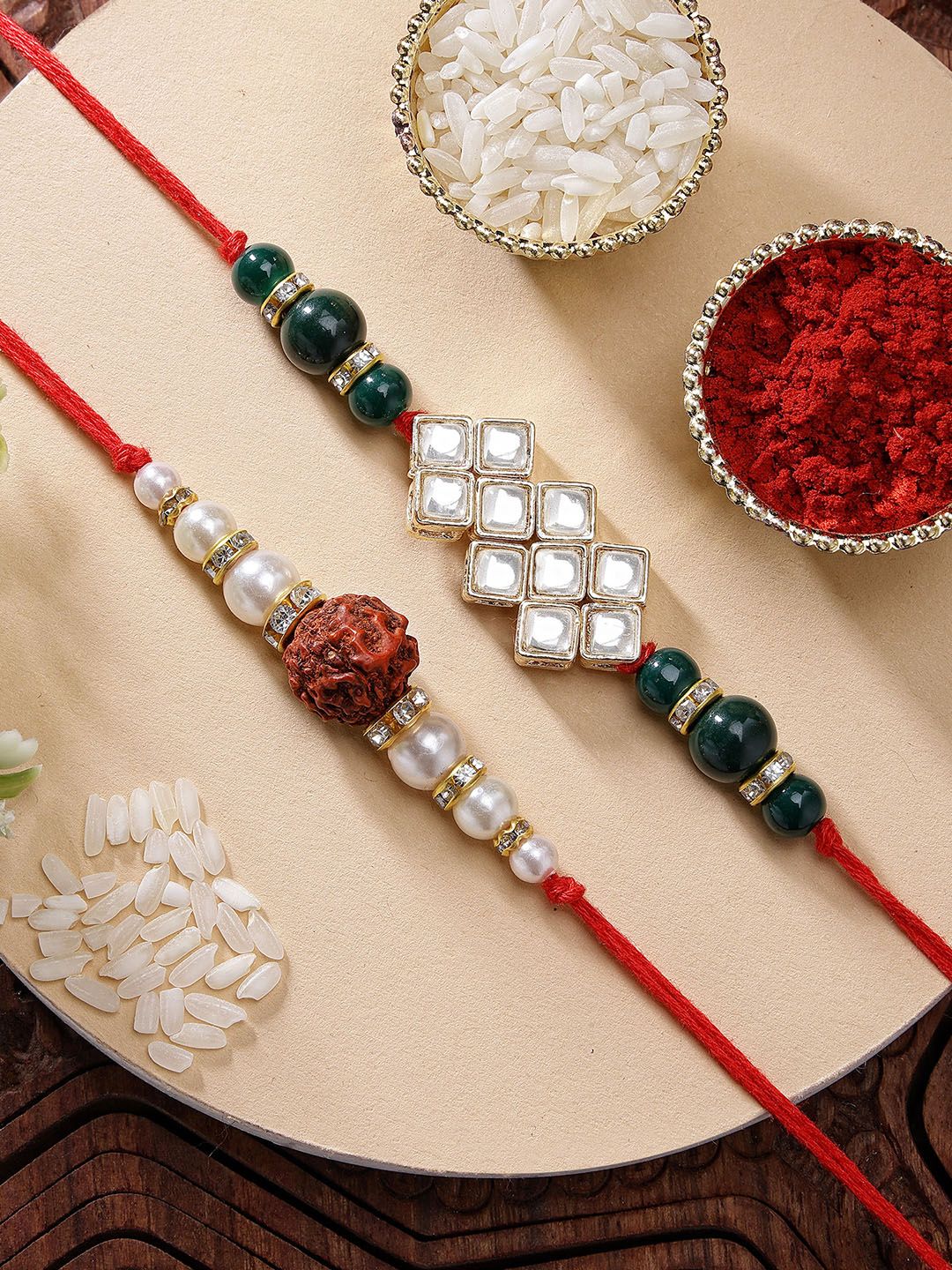 KARATCART Set of 2 Gold-Plated & Red Kundan Rakhi-picture-35