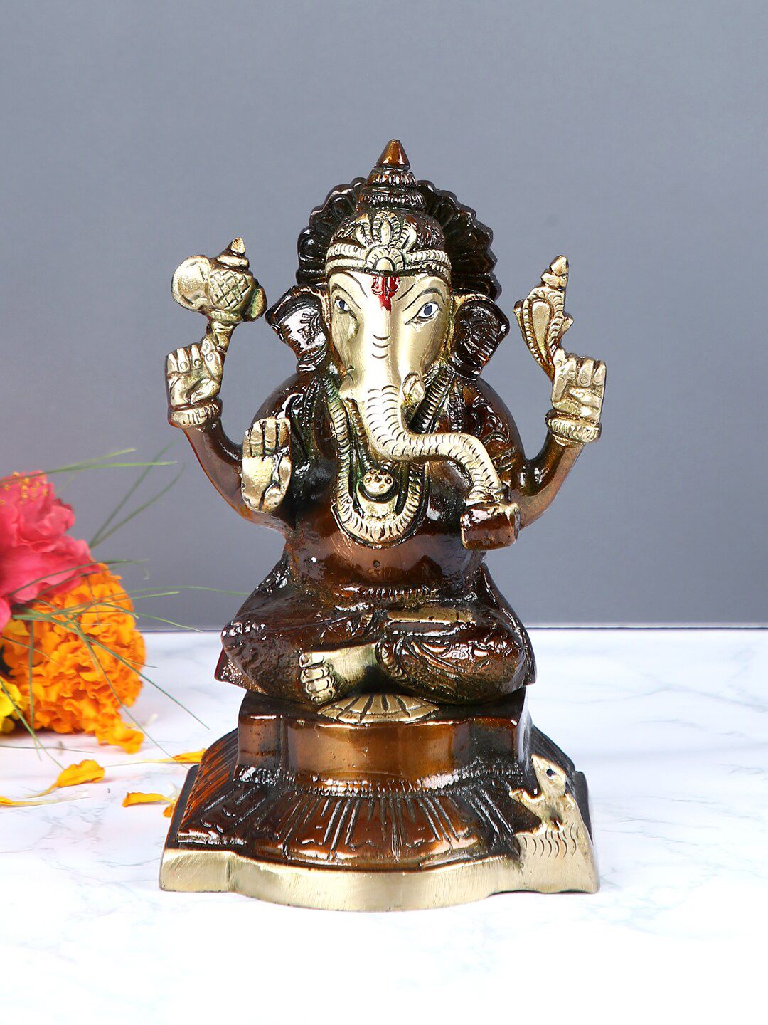 Aapno Rajasthan Brown & Gold-Toned Brass Lord Ganesha Rustic Showpiece-image-30