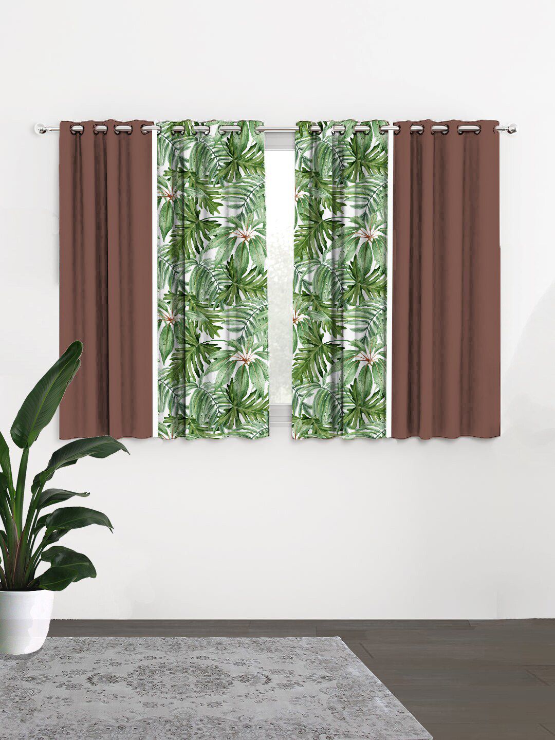 HOUZZCODE Brown & Green Set of 4 Floral Black Out Window Curtain-image-36