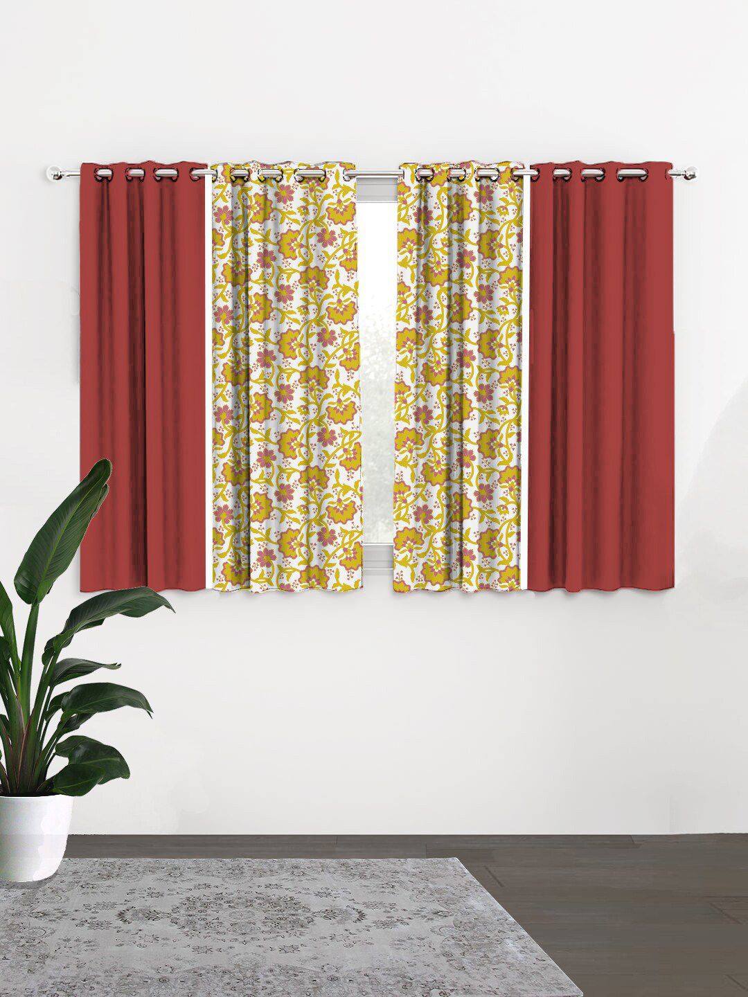 HOUZZCODE Yellow & Maroon Set of 4 Floral Black Out Window Curtain-image-13