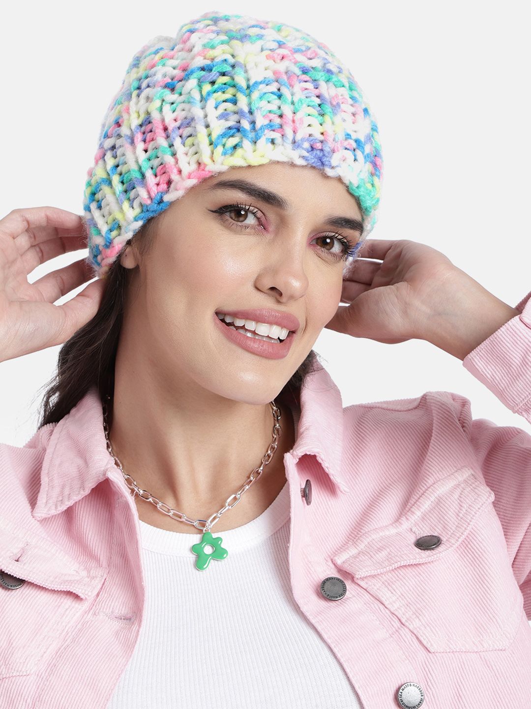 Magic Needles Unisex White & Green Handknitted Self Design Beanie-image-8
