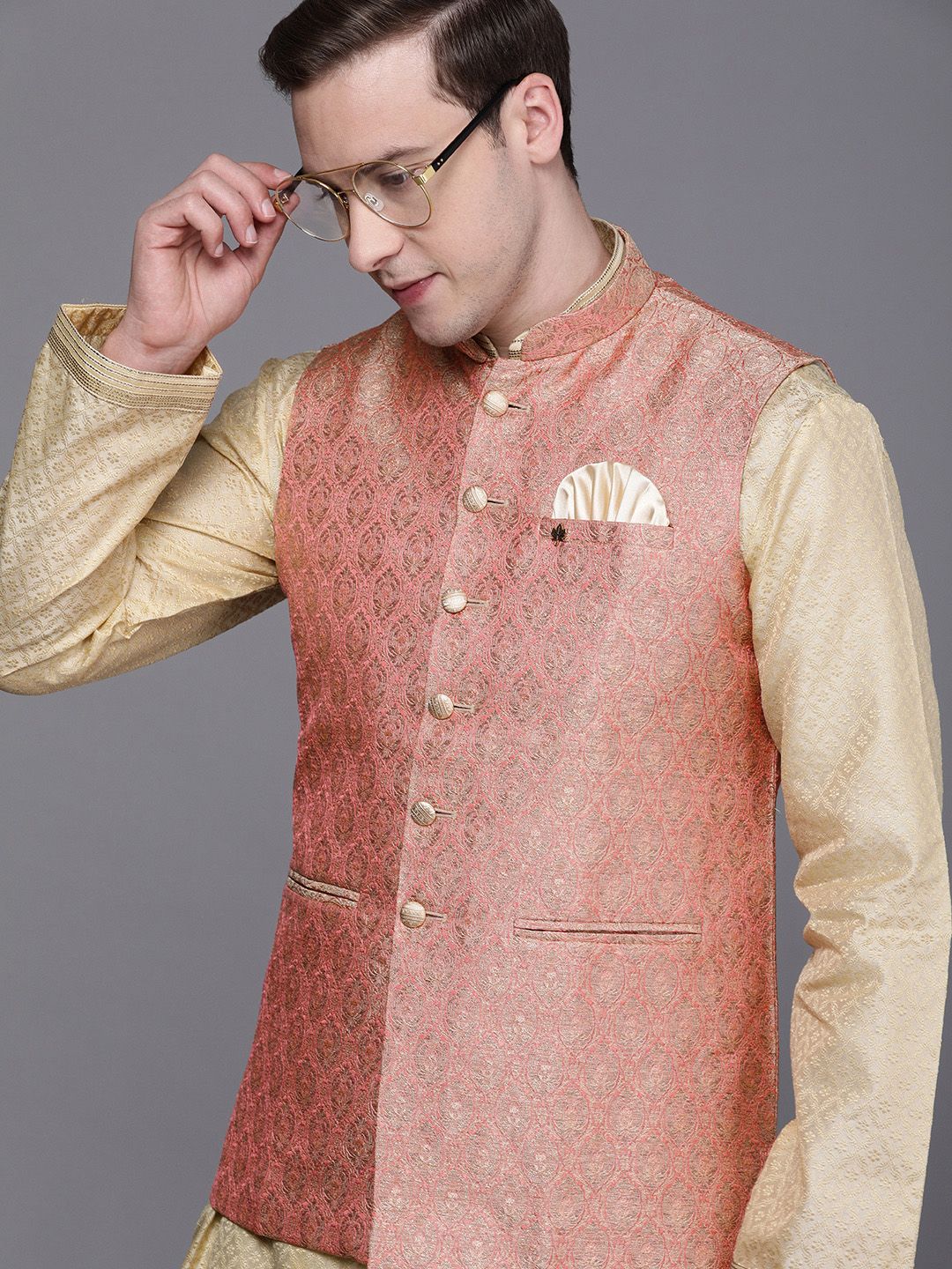Manyavar Pink & Beige Art Silk Jacquard Woven Design Nehru Jacket-picture-29