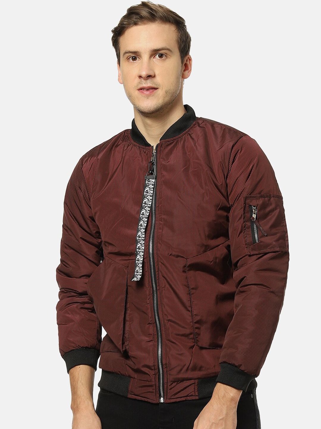 Campus Sutra Men Red Windcheater Bomber with Embroidered Jacket-image-17